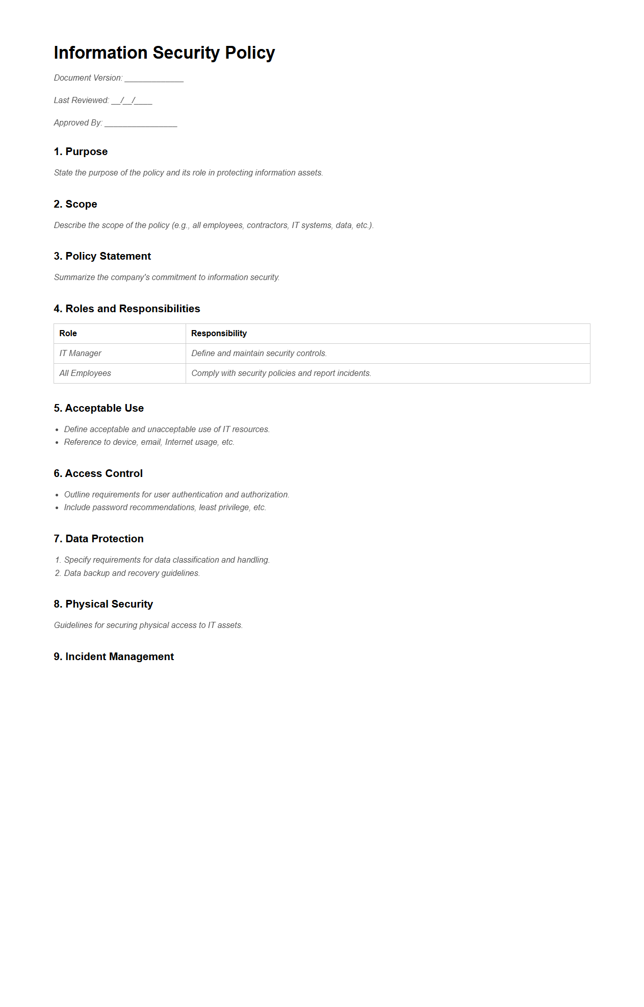 Blank Information Security Policy Template for IT Departments