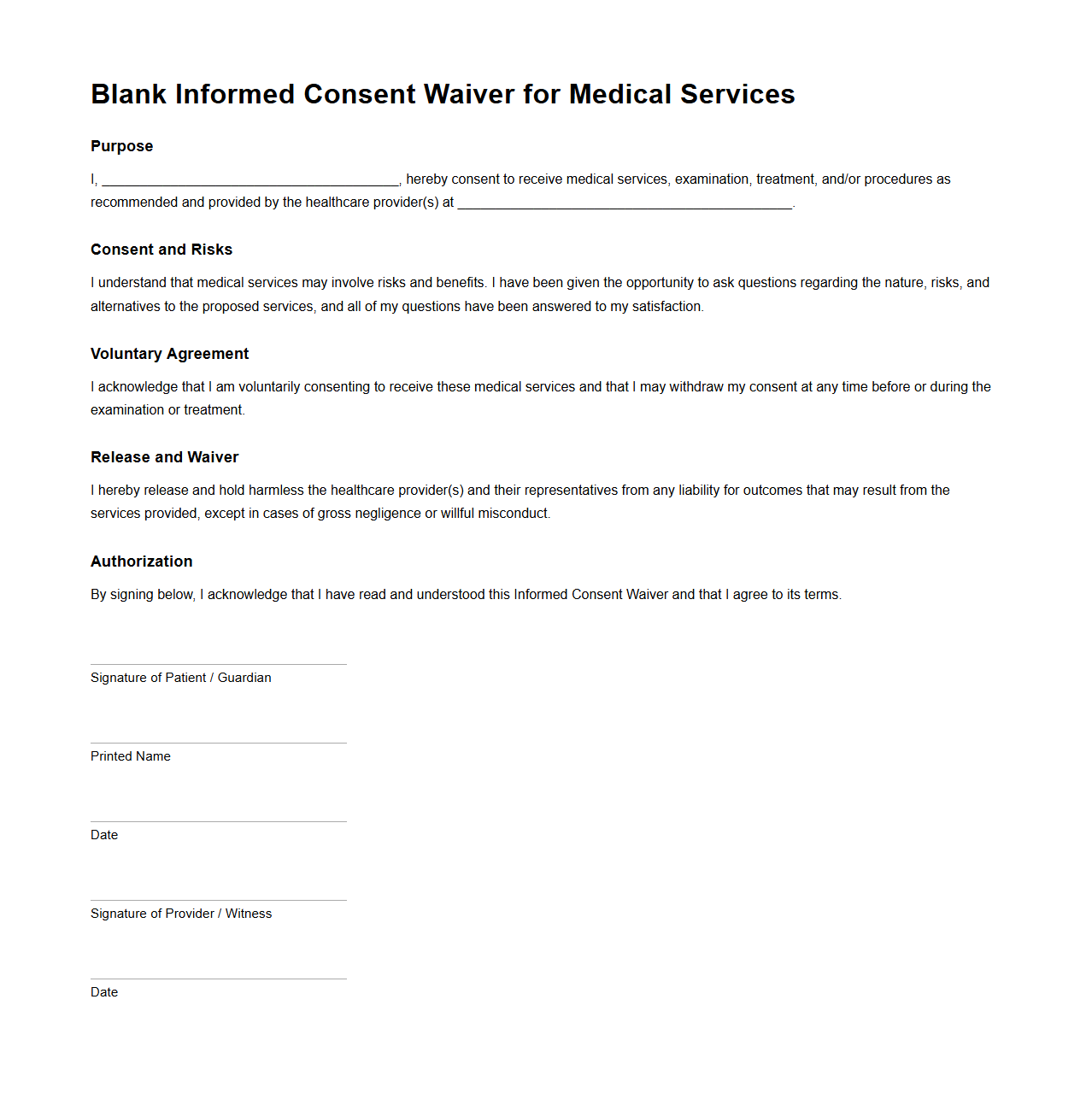 Blank Informed Consent Waiver for Medical Services