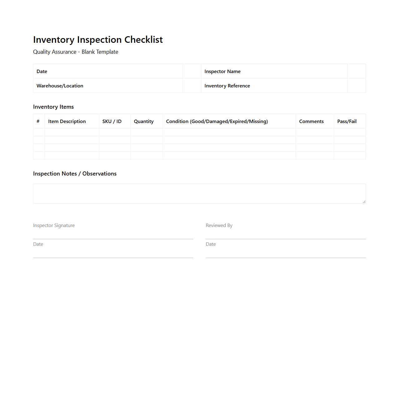 Blank Inventory Inspection Checklist Template for Quality Assurance