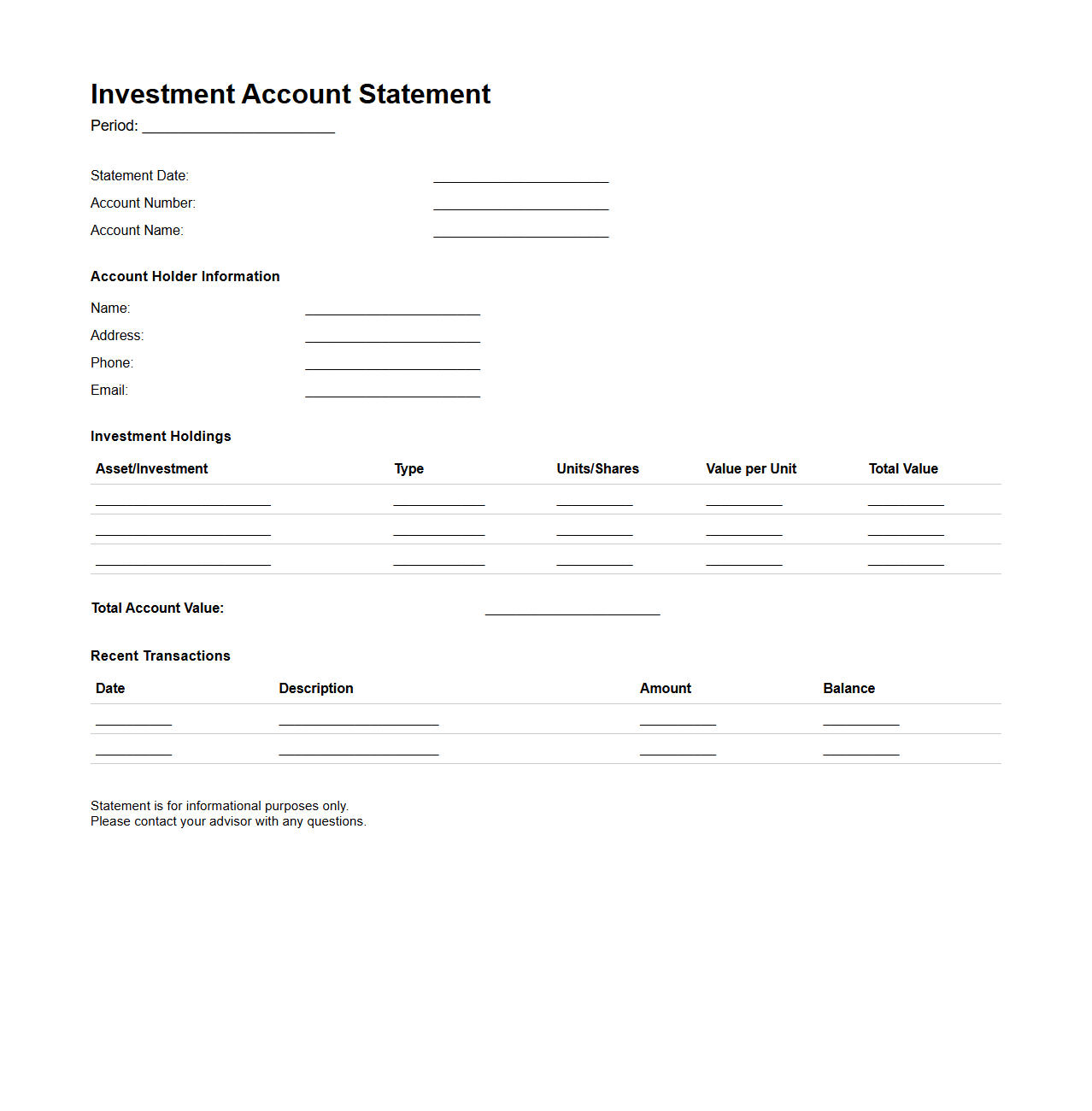 Blank Investment Account Statement Template