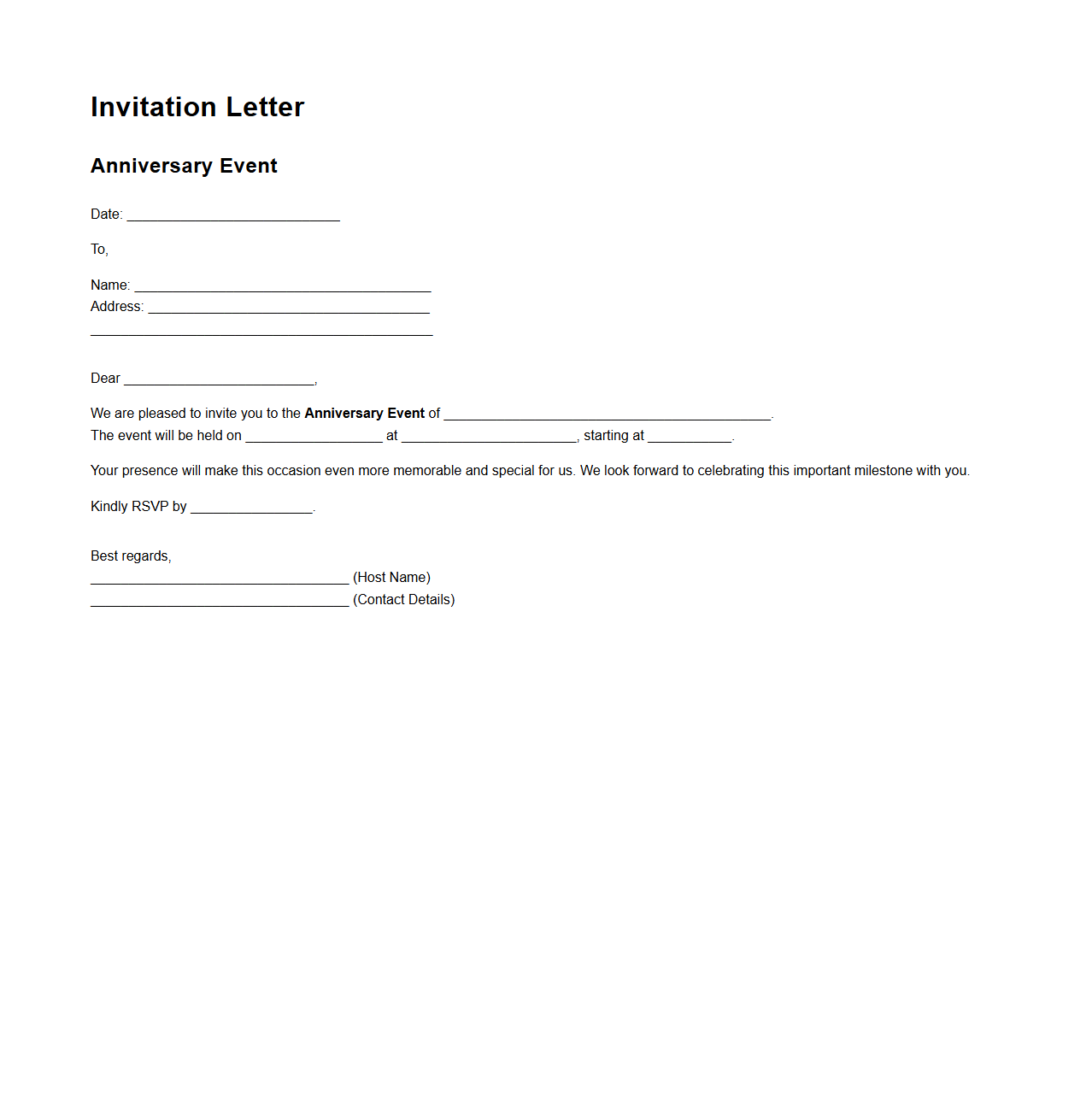 Blank Invitation Letter Template for Anniversary Event Planning
