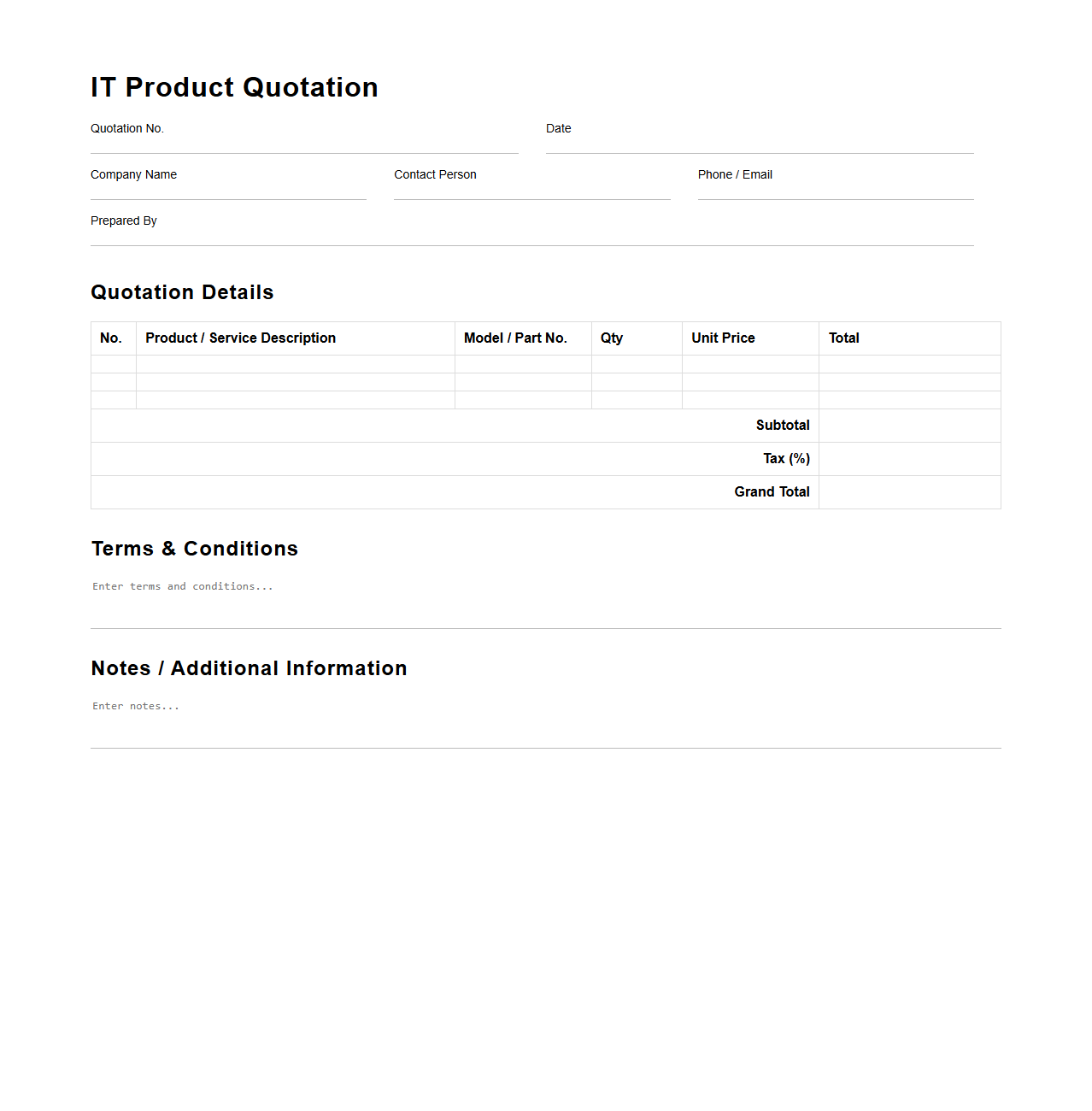 Blank IT Product Quotation Template