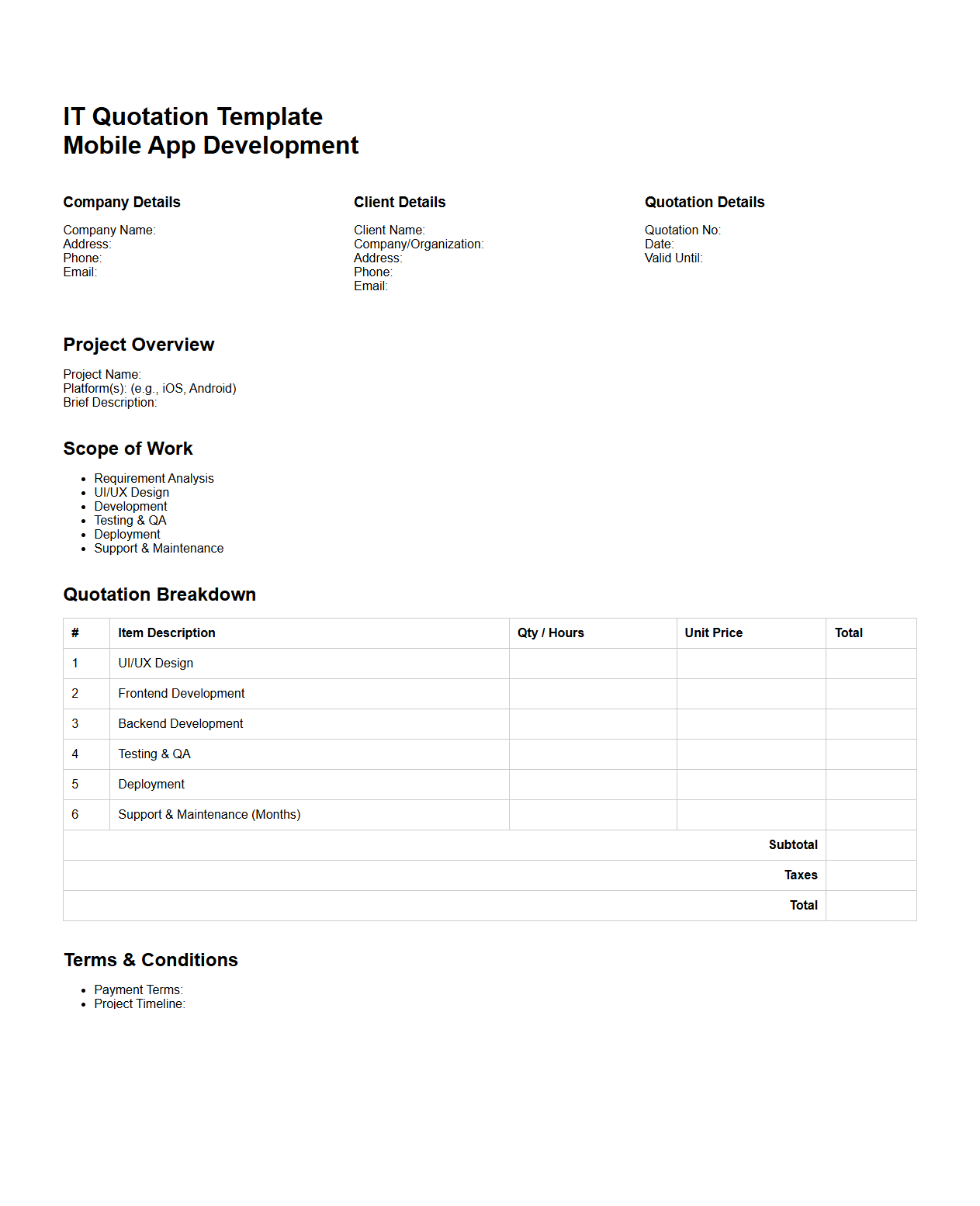 Blank IT Quotation Template for Mobile App Development
