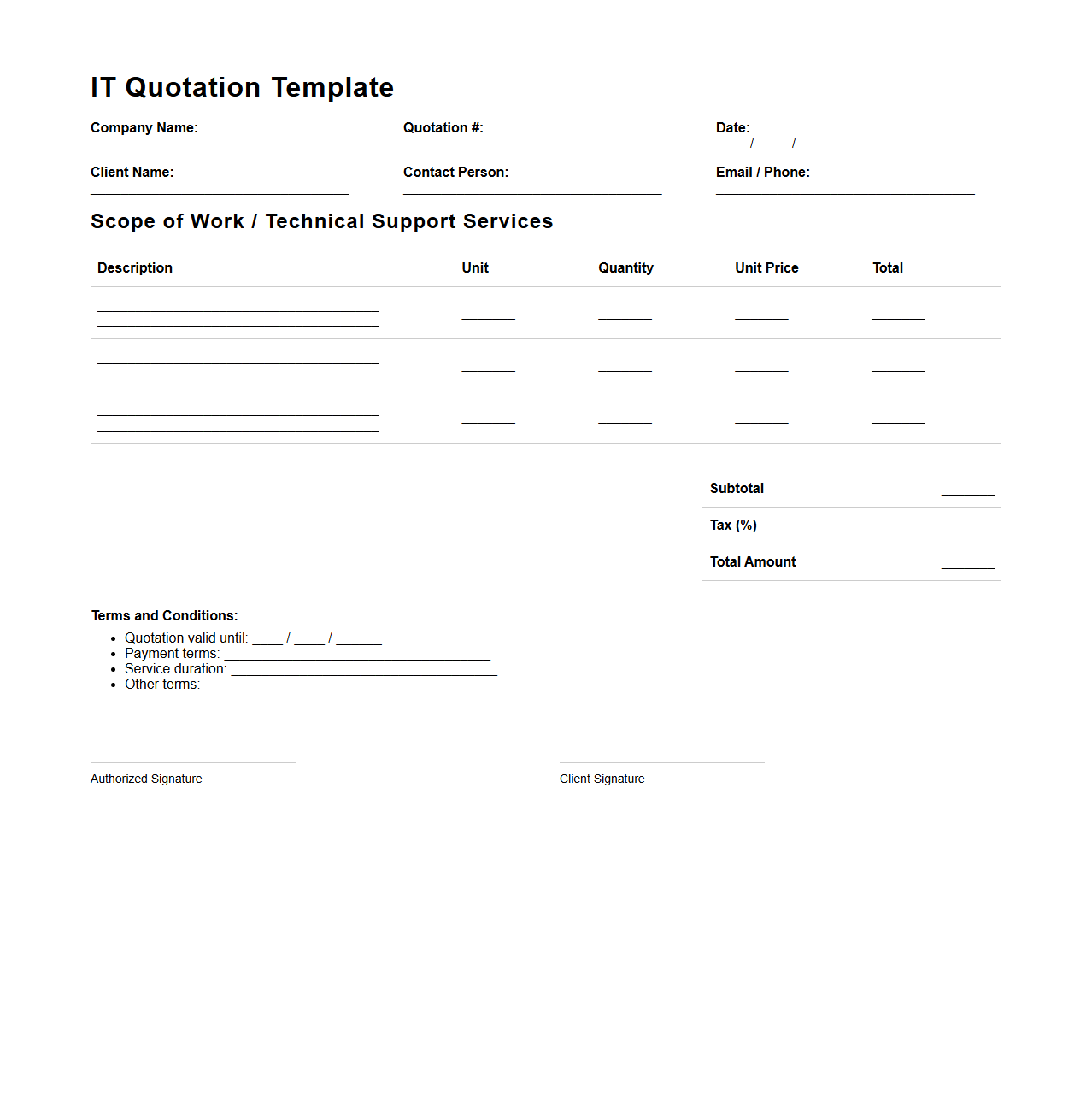 Blank IT Quotation Template for Technical Support Contracts