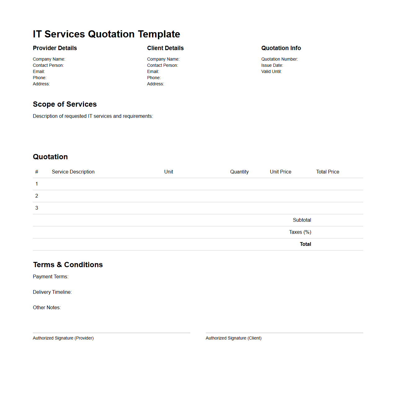 Blank IT Services Quotation Template for Contracts