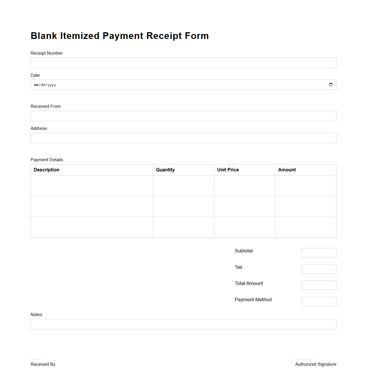 Blank Itemized Payment Receipt Form