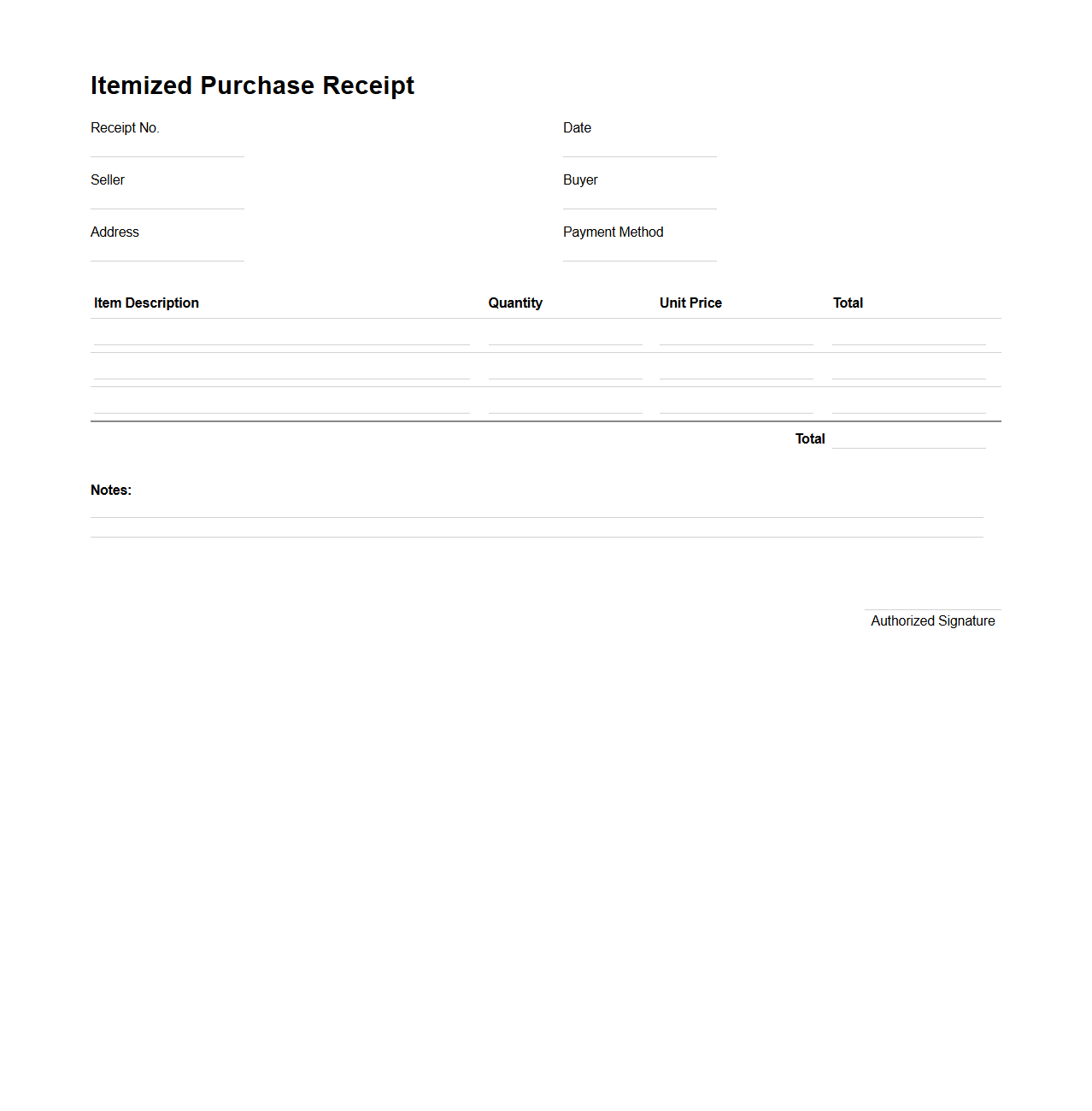 Blank Itemized Purchase Receipt Template