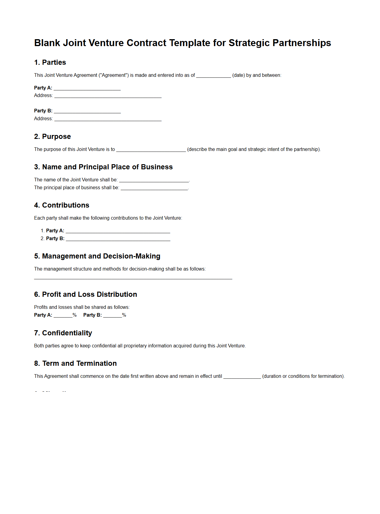Blank Joint Venture Contract Template for Strategic Partnerships
