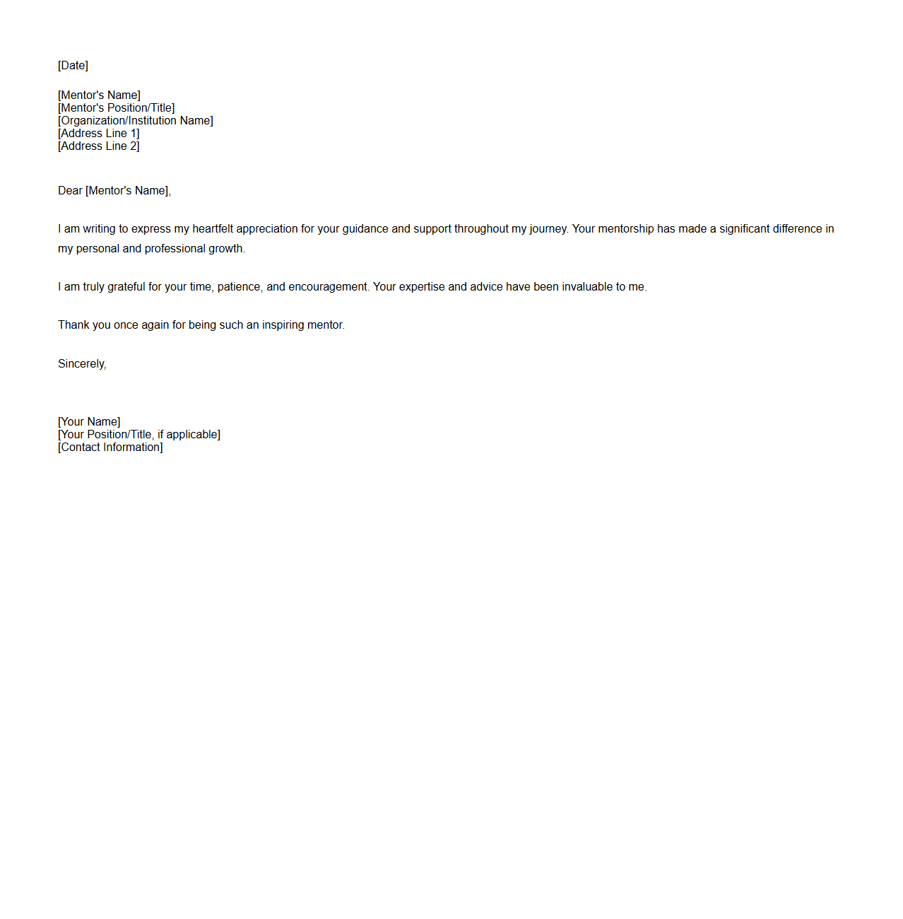Blank Letter Template for Appreciation to Mentor