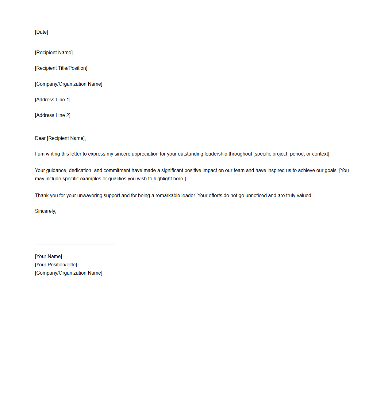 Blank Letter Template for Appreciation of Leadership