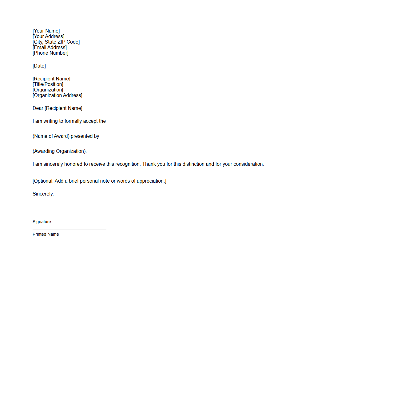 Blank Letter Template for Award Acceptance