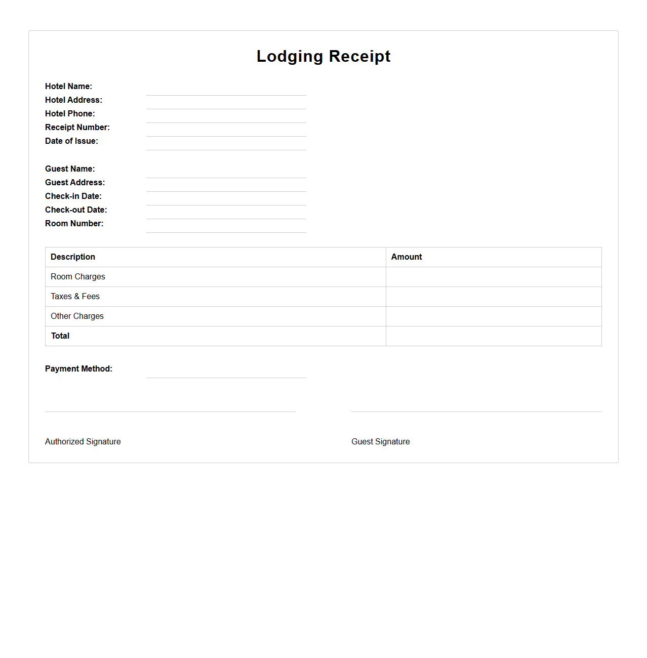 Blank Lodging Receipt Template for Hotels