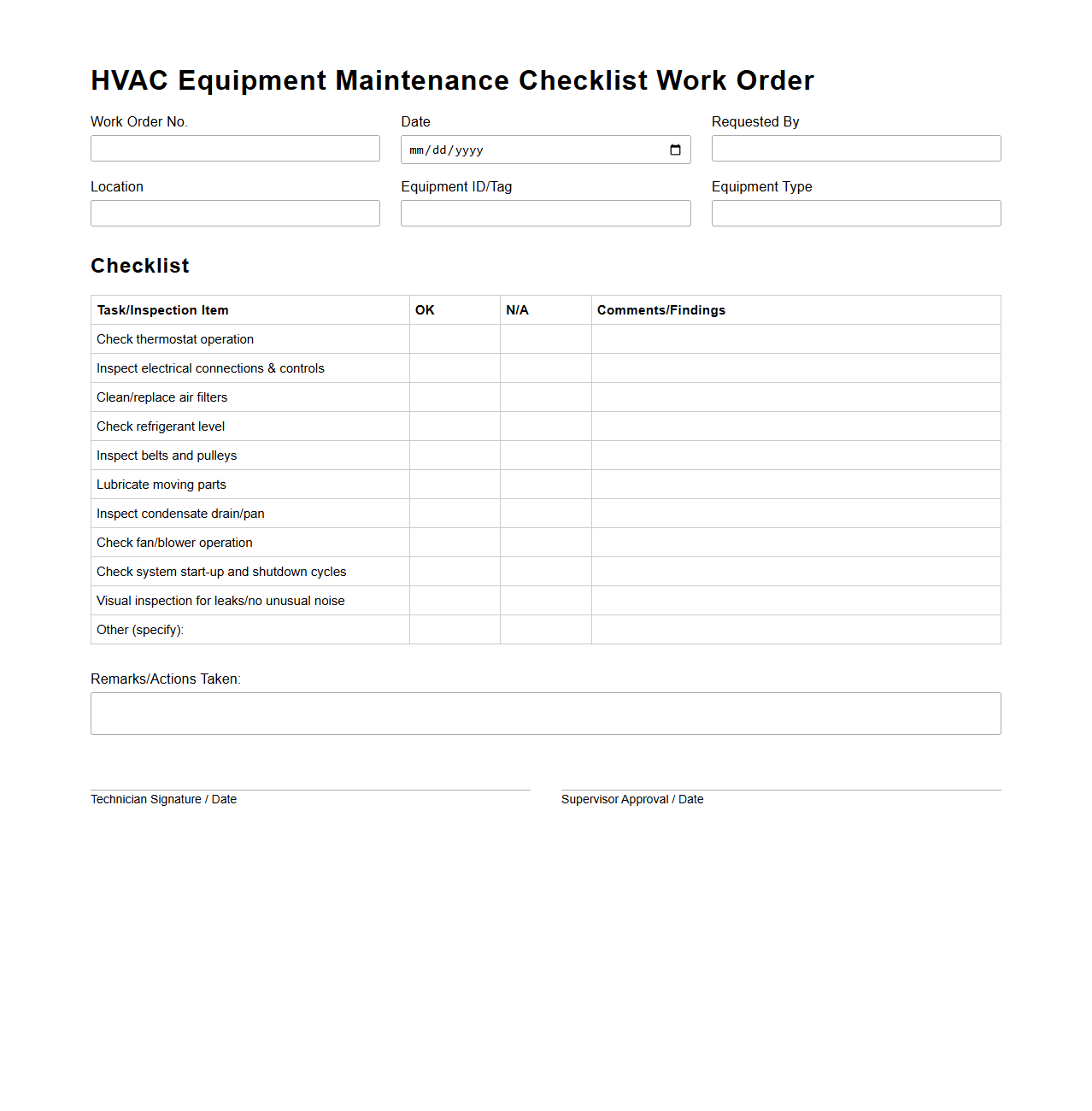 Blank Maintenance Checklist Work Order for HVAC Equipment
