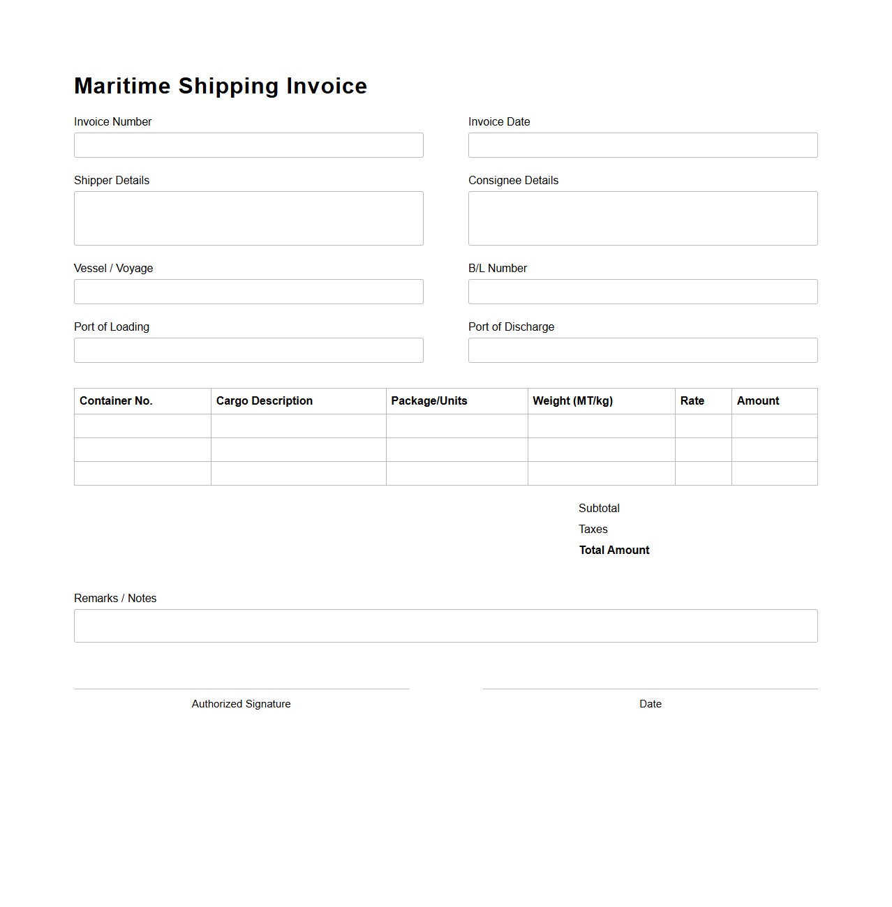 Blank Maritime Shipping Invoice Template
