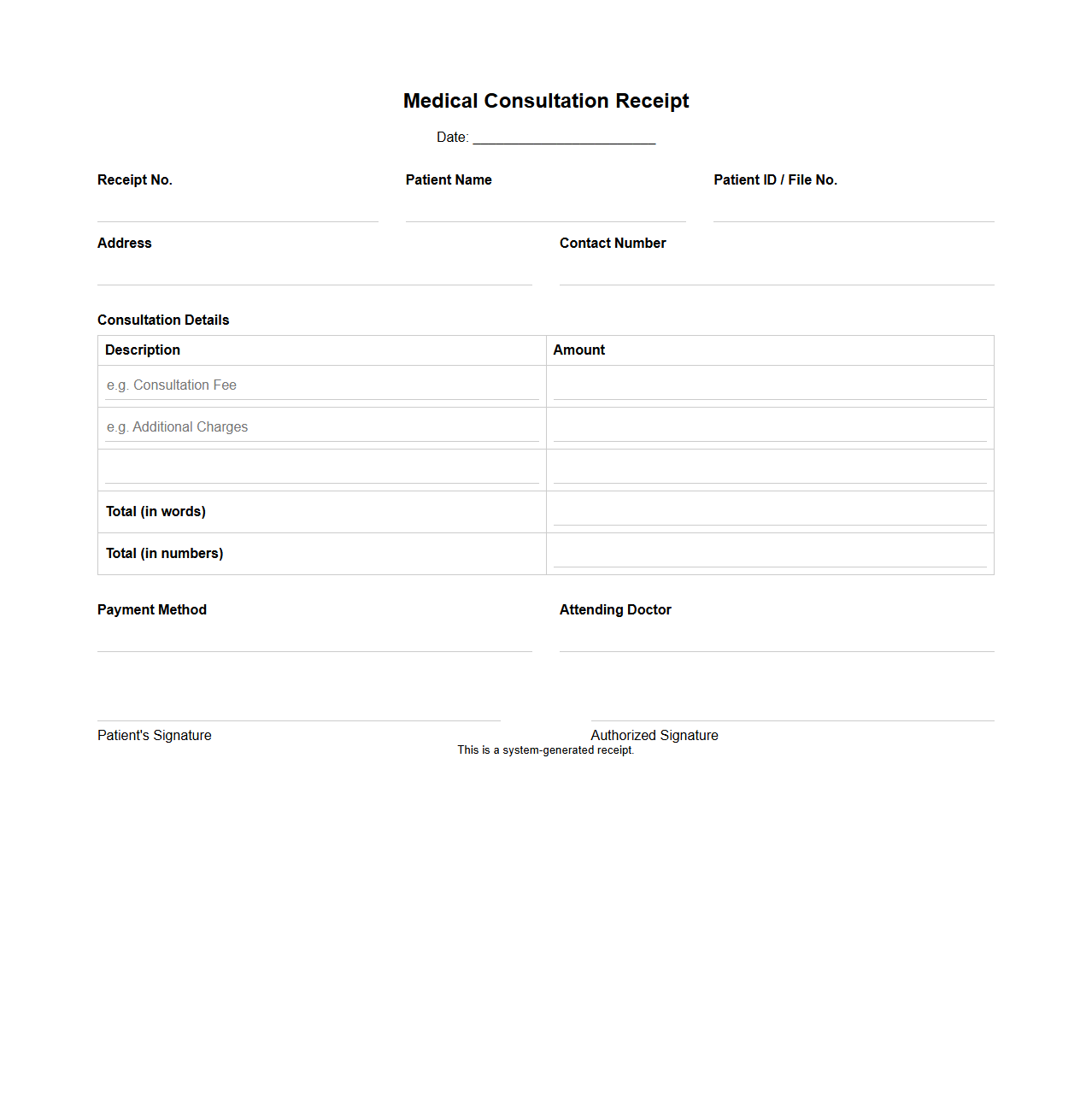 Blank Medical Consultation Receipt Template