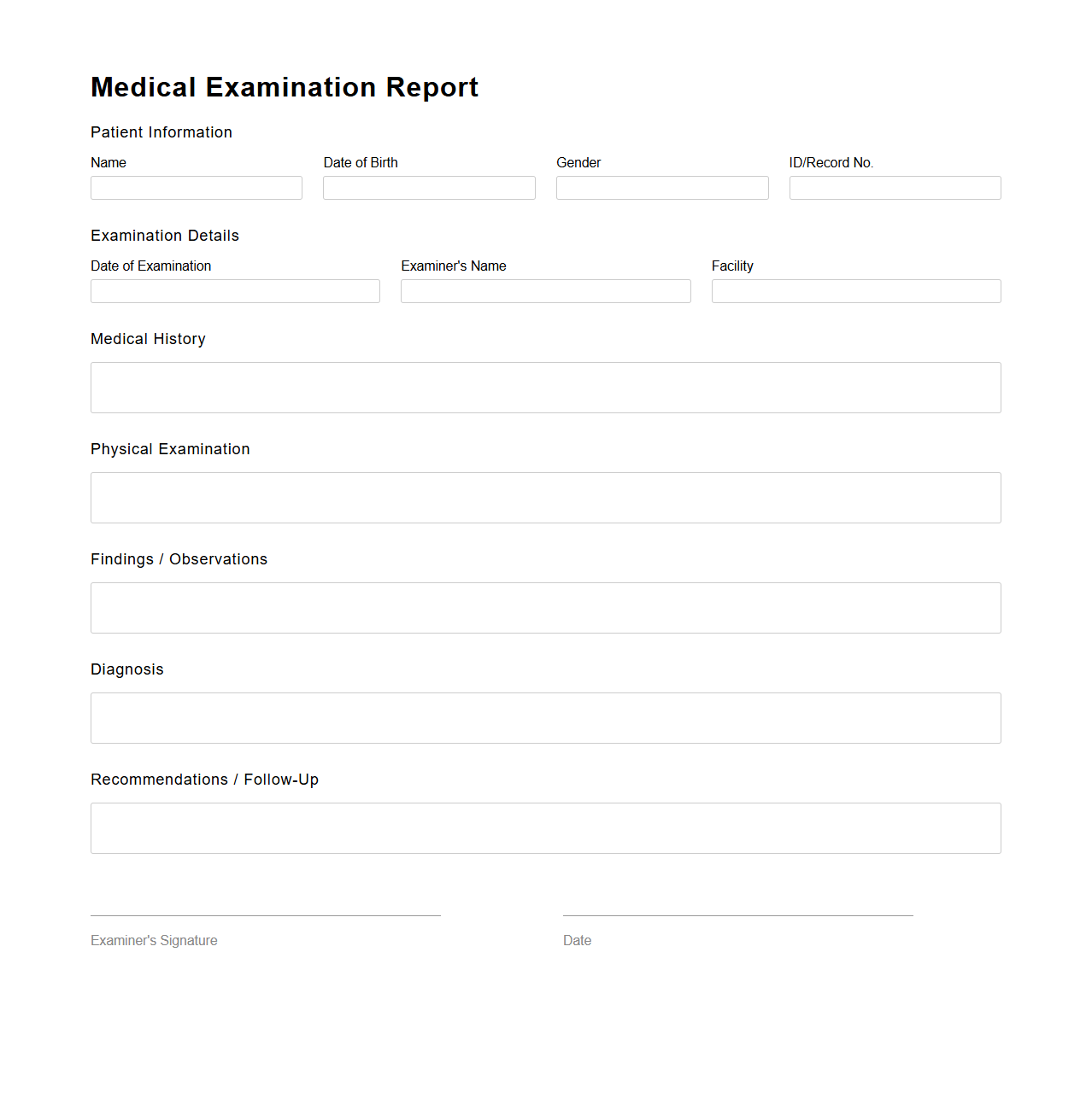 Blank Medical Examination Report Template