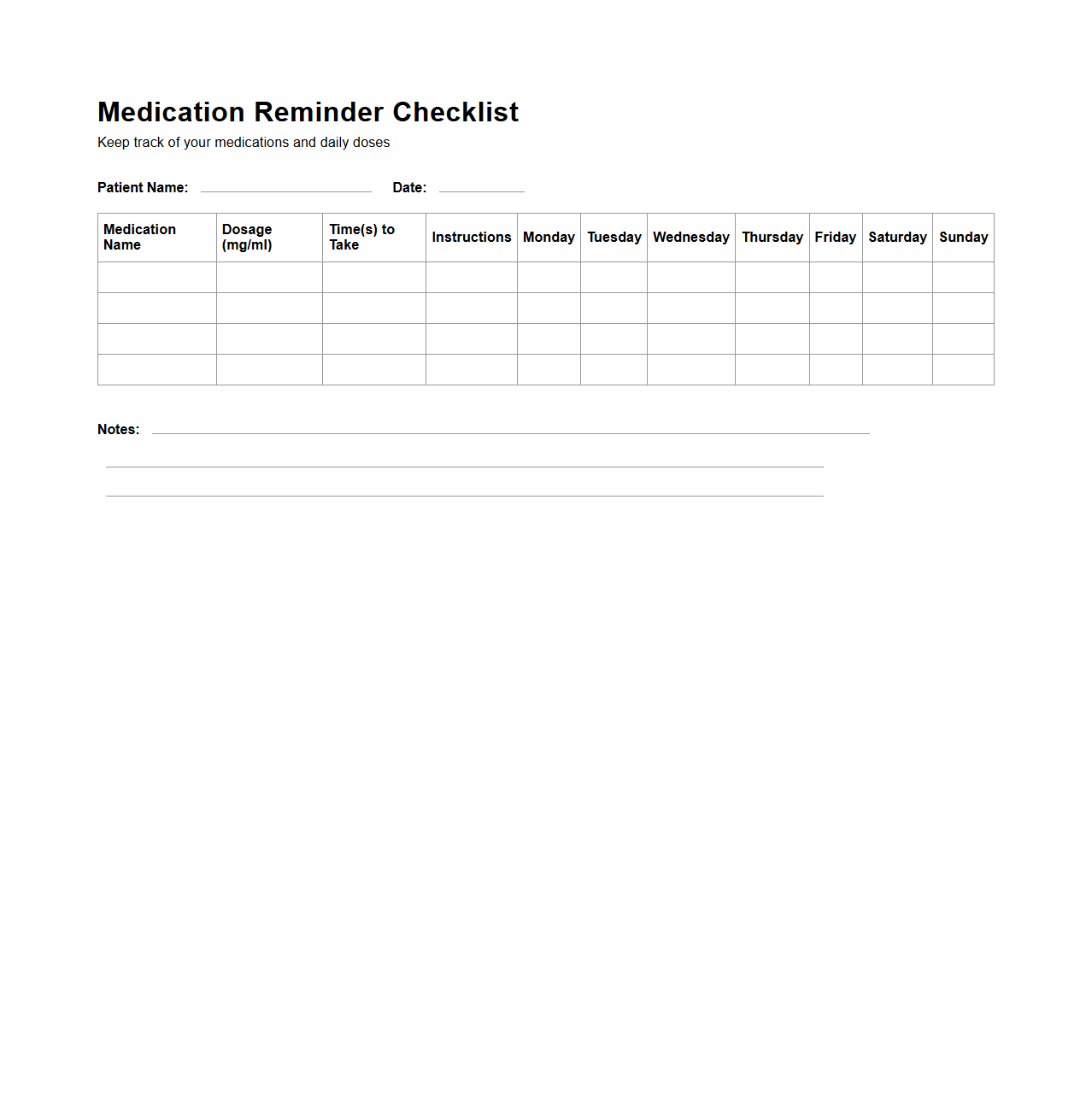 Blank Medication Reminder Checklist for Patients