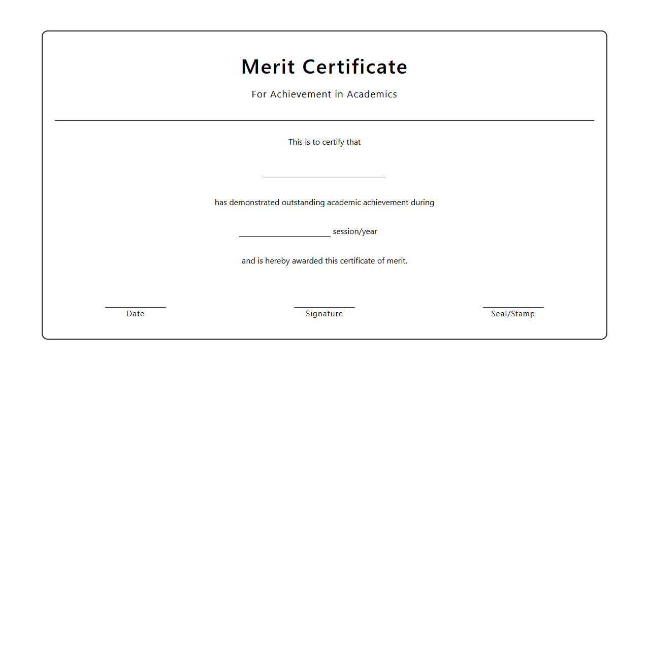 Blank Merit Certificate Template for Achievement in Academics