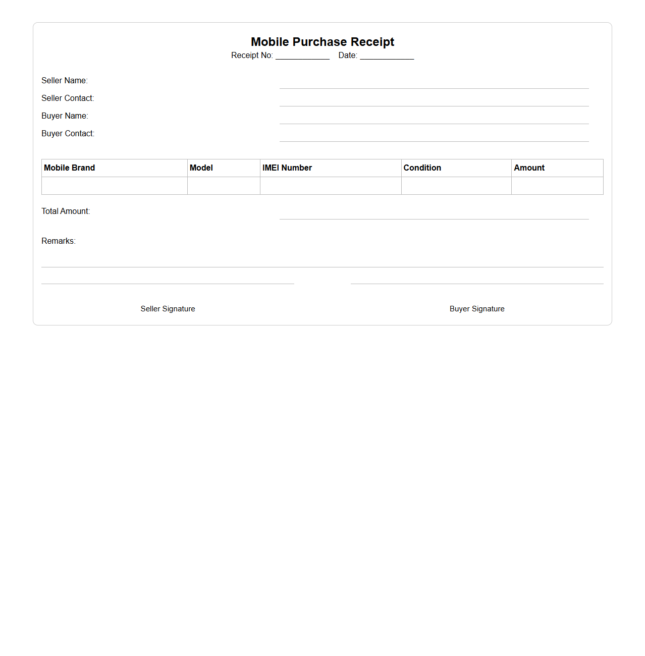 Blank Mobile Purchase Receipt Template