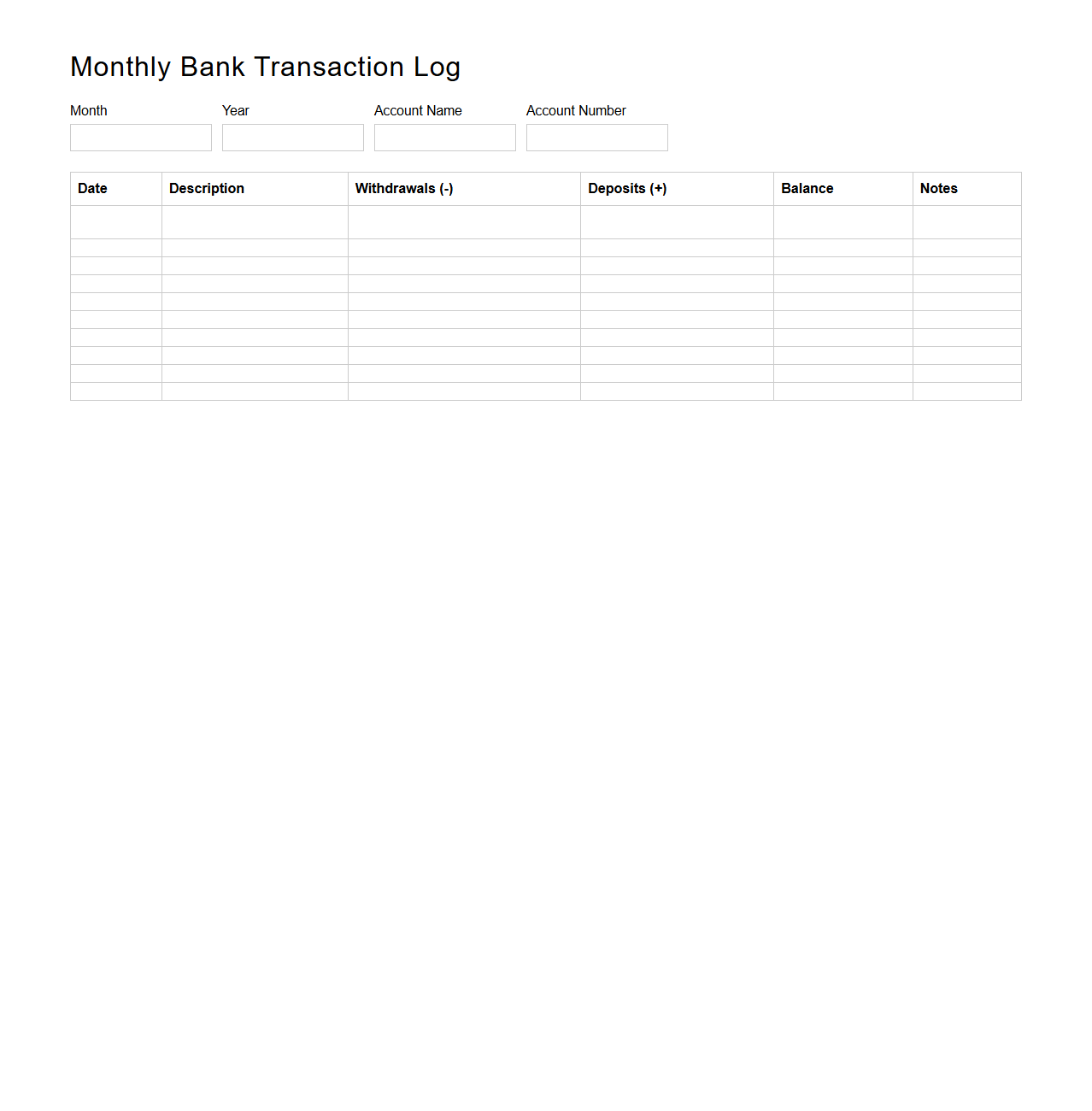 Blank Monthly Bank Transaction Log