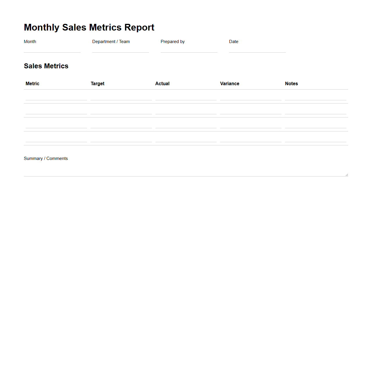 Blank Monthly Sales Metrics Report