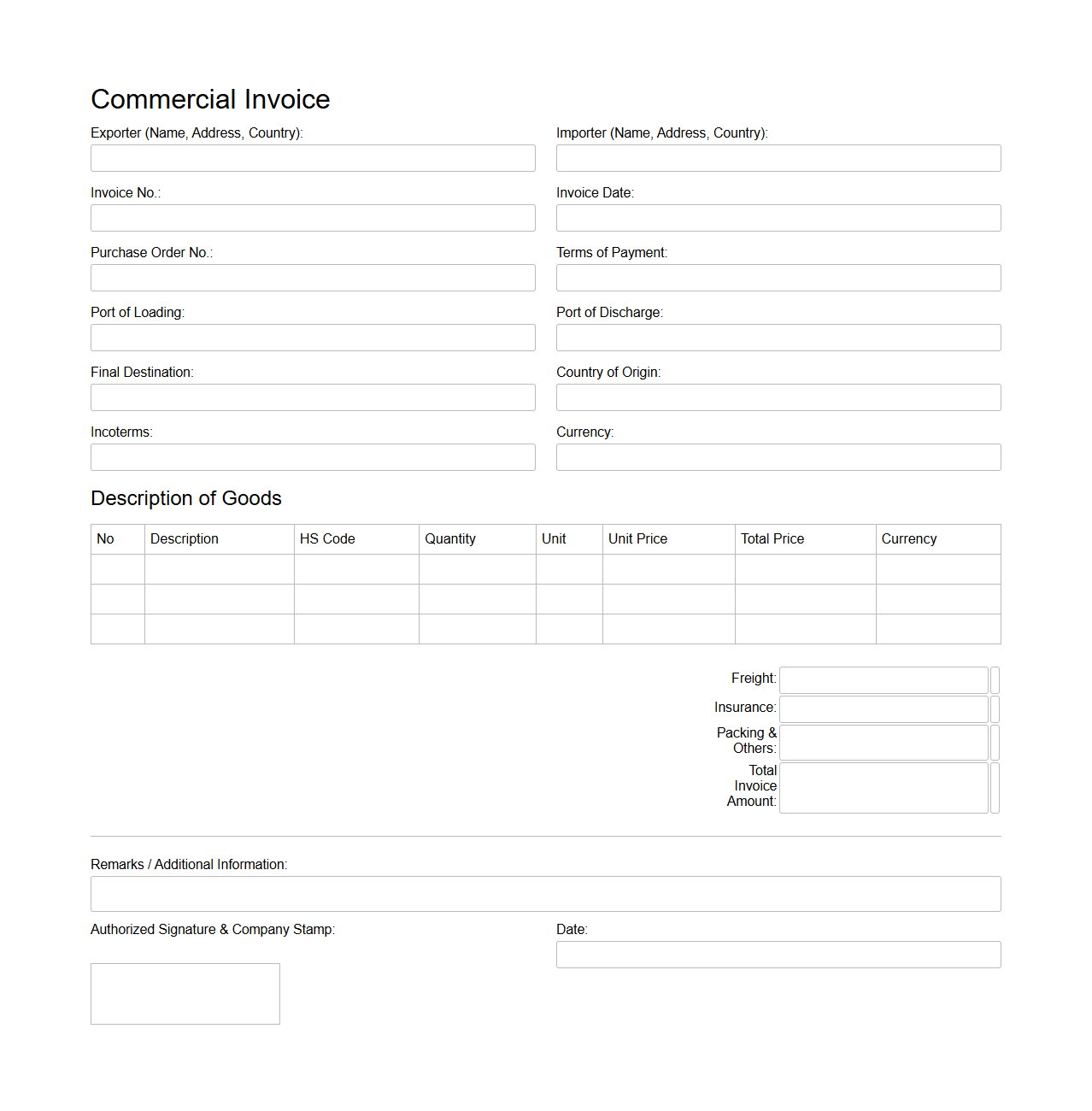 Blank Multicurrency Commercial Invoice for Importers