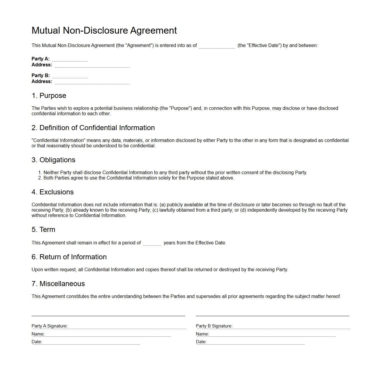 Blank Mutual Non-Disclosure Agreement Draft
