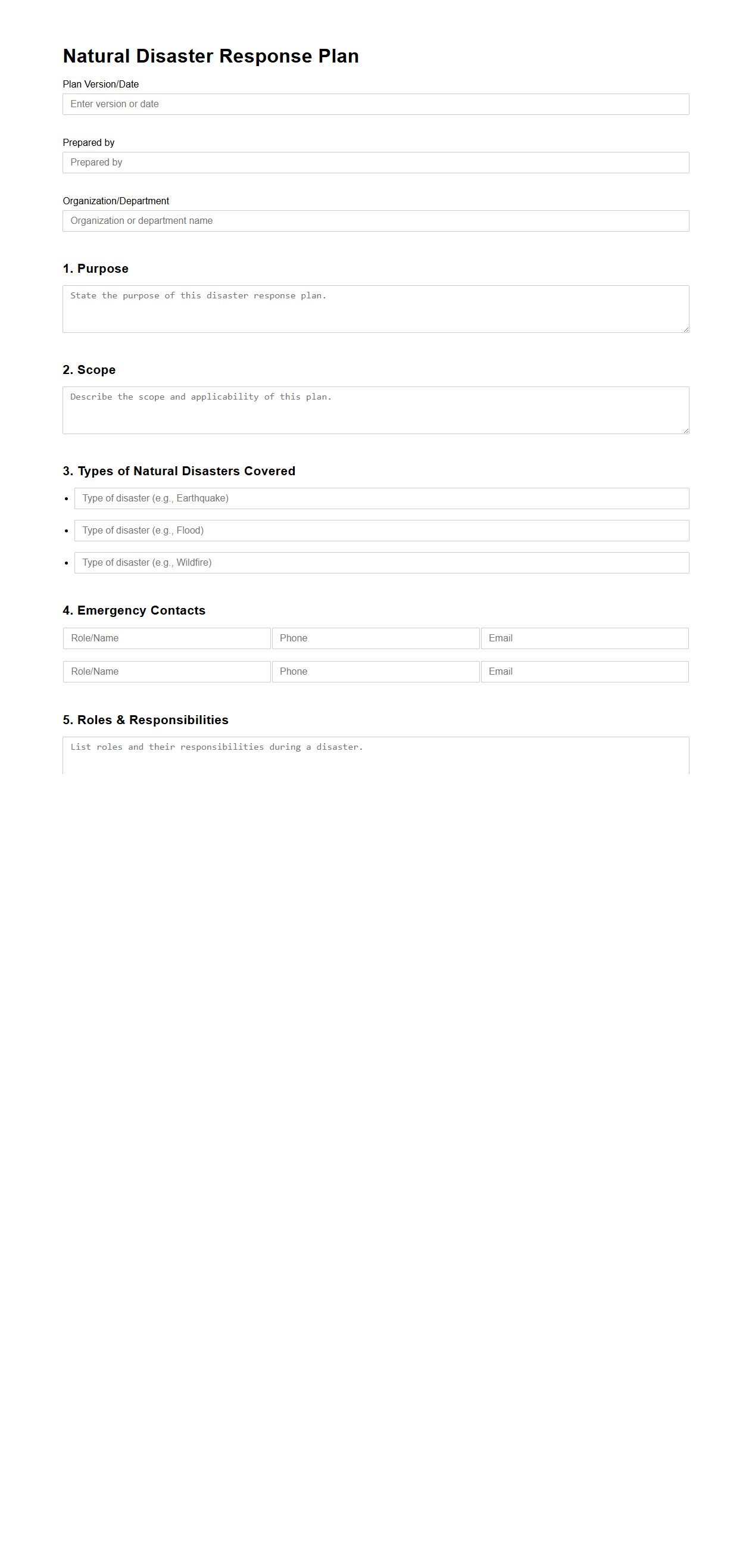 Blank Natural Disaster Response Plan Template