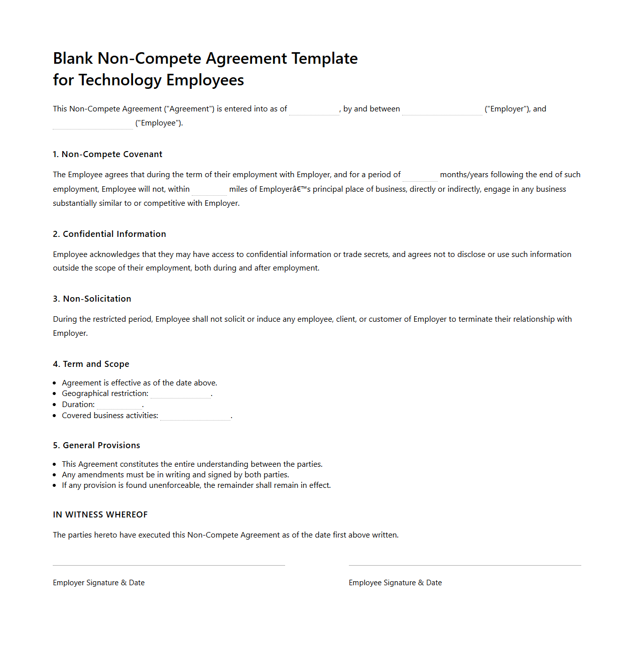 Blank Non-Compete Agreement Template for Technology Employees