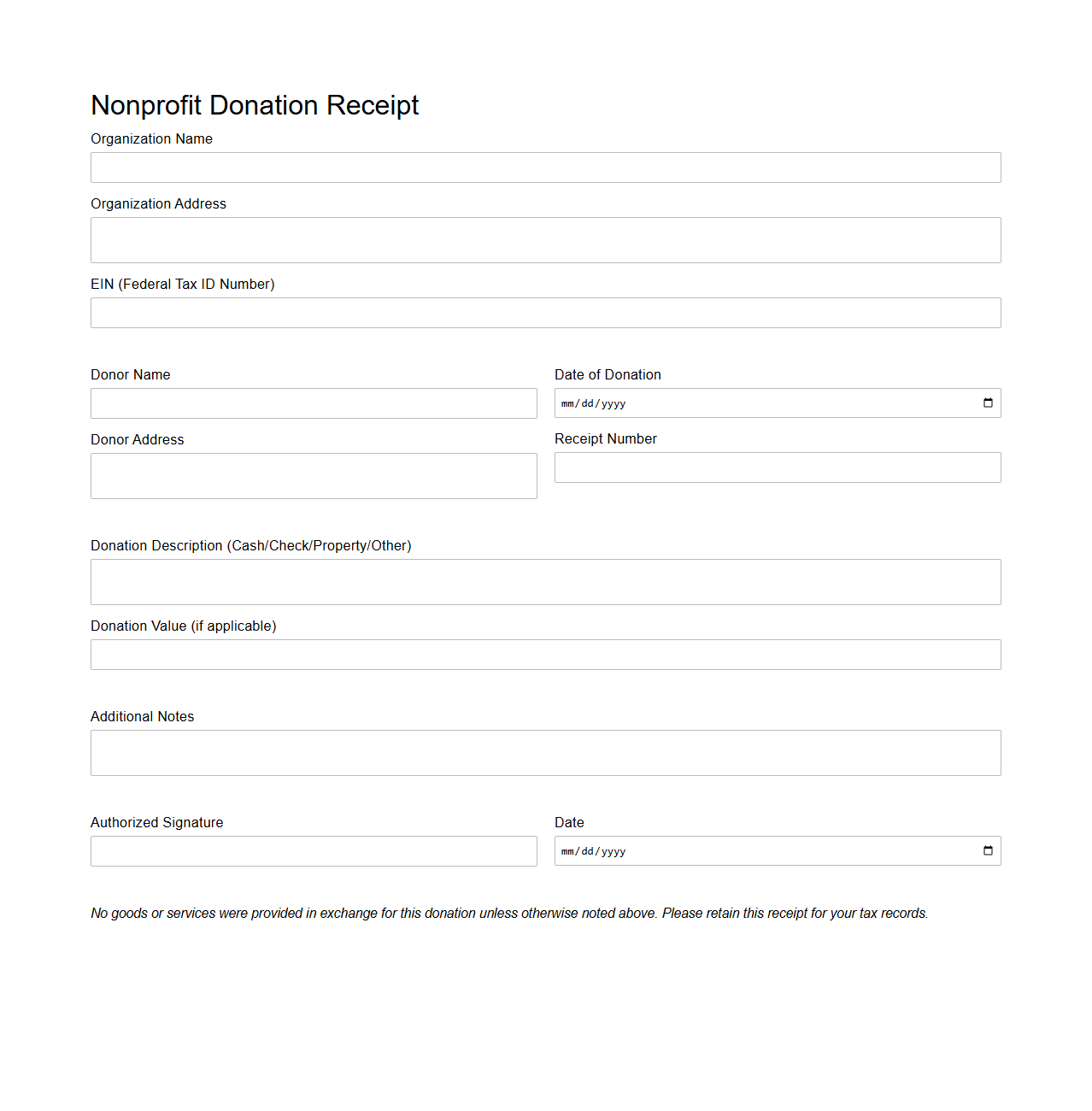 Blank Nonprofit Donation Receipt Form Template