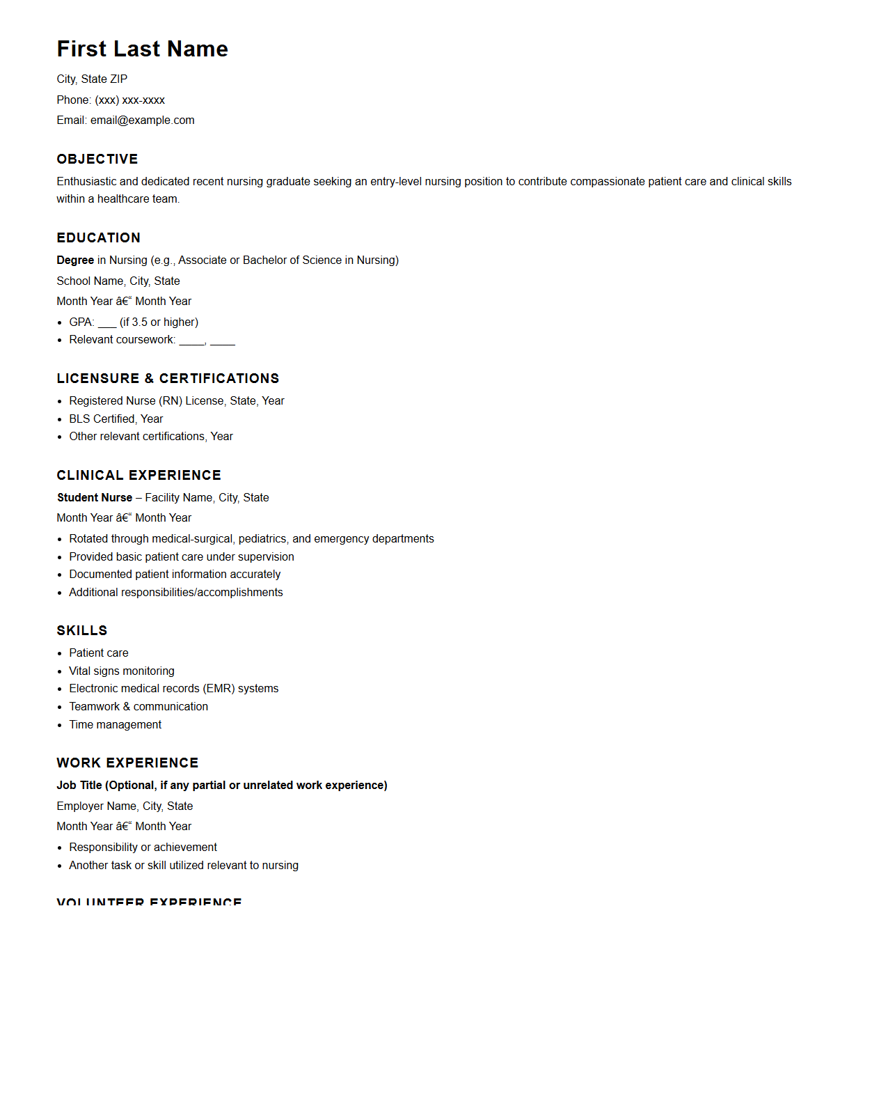 Blank Nurse Resume Example for Entry-Level Roles