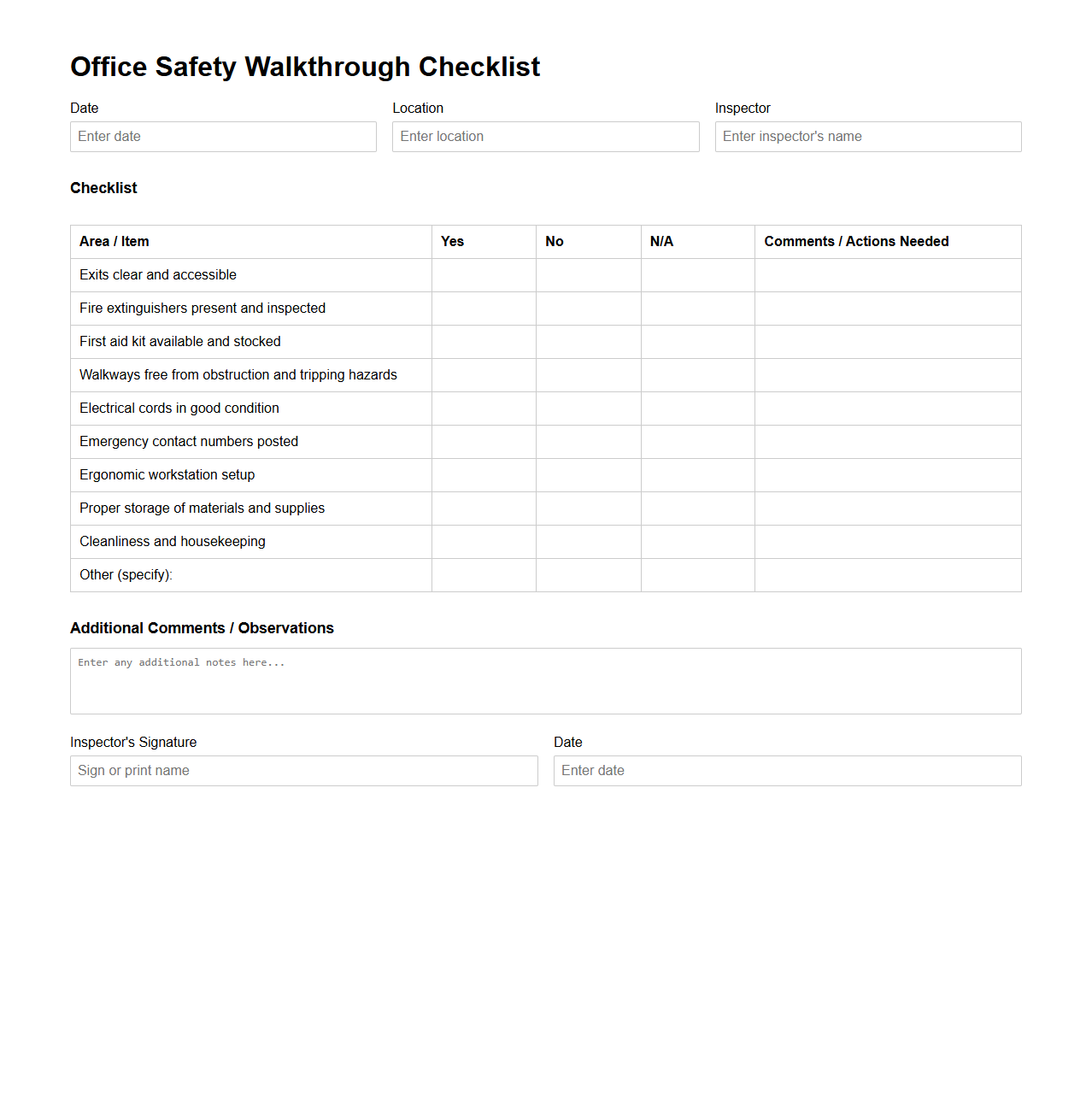 Blank Office Safety Walkthrough Checklist