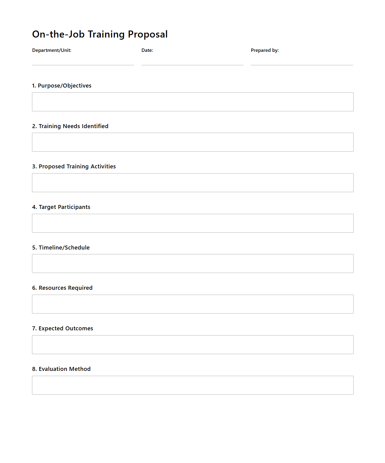 Blank On-the-Job Training Proposal Template for Staff Improvement