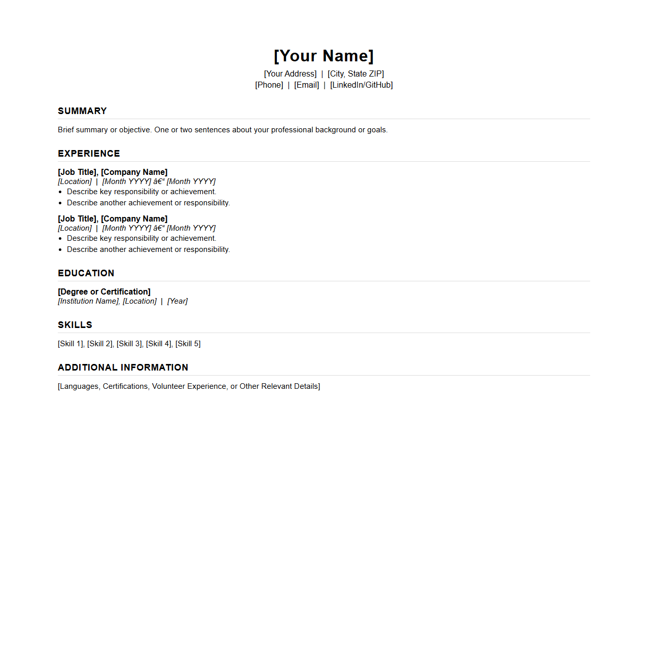 Blank One-Page Resume Template for Employment