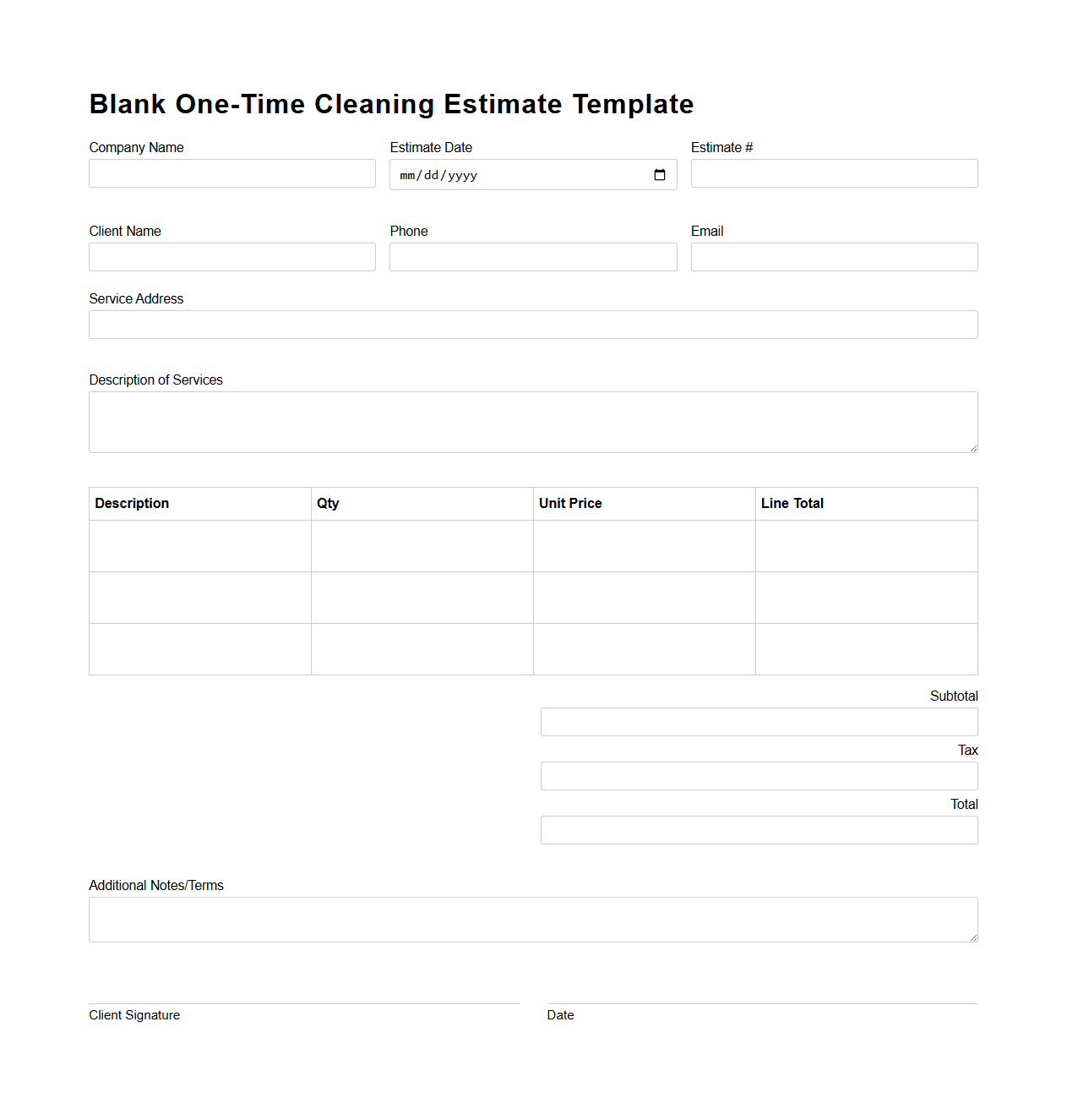 Blank One-Time Cleaning Estimate Template