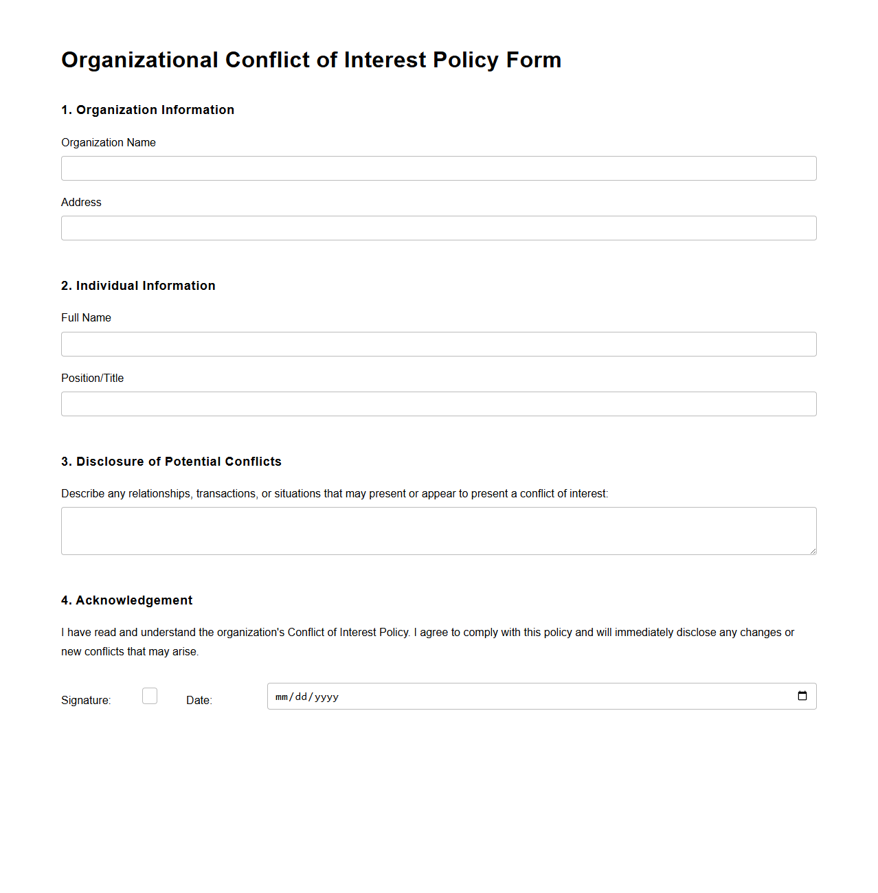 Blank Organizational Conflict of Interest Policy Form