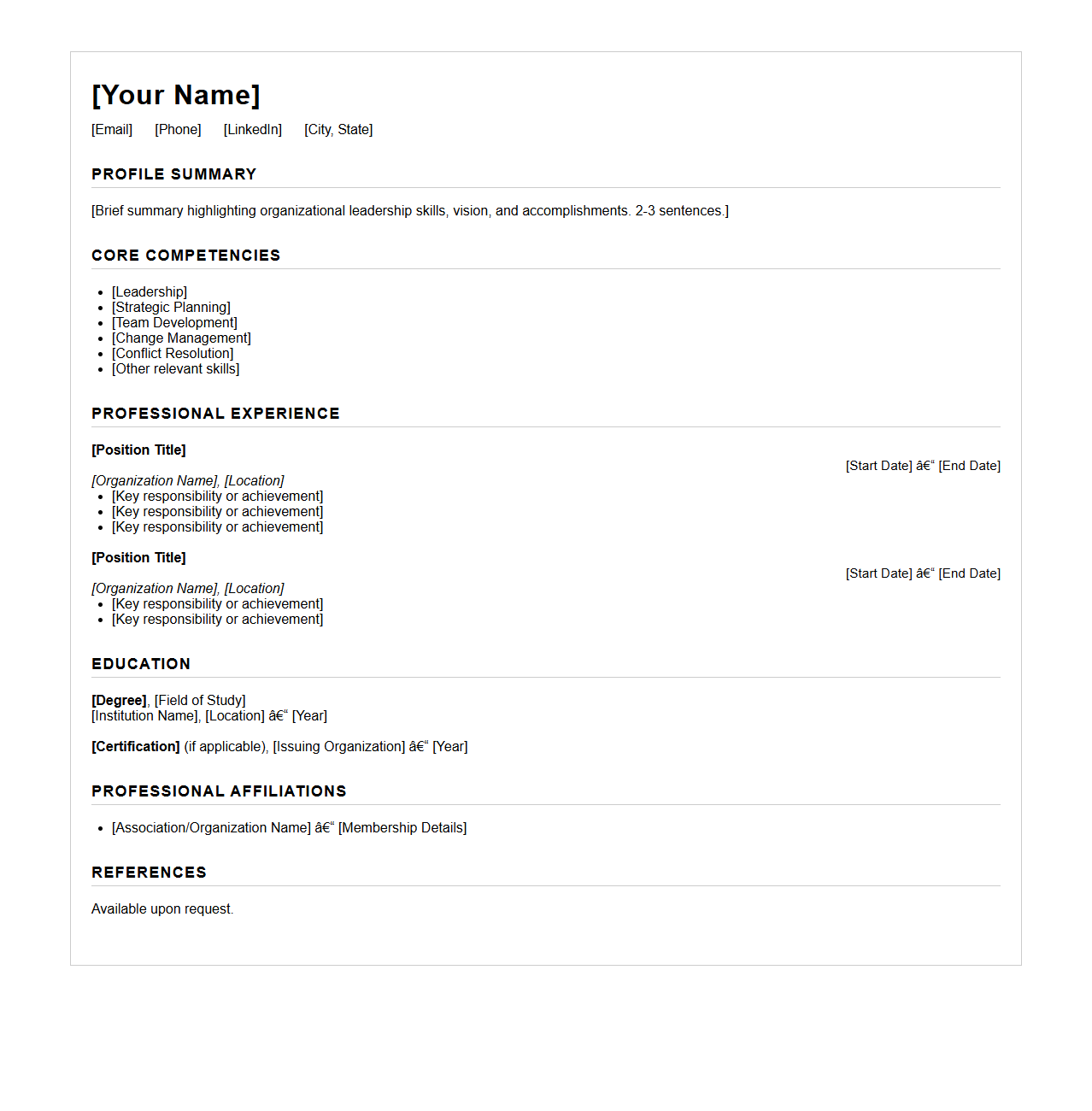 Blank Organizational Leadership Resume Format