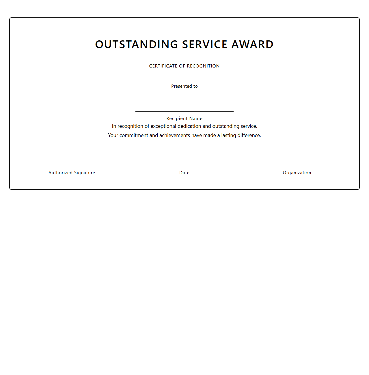 Blank Outstanding Service Award Certificate Template
