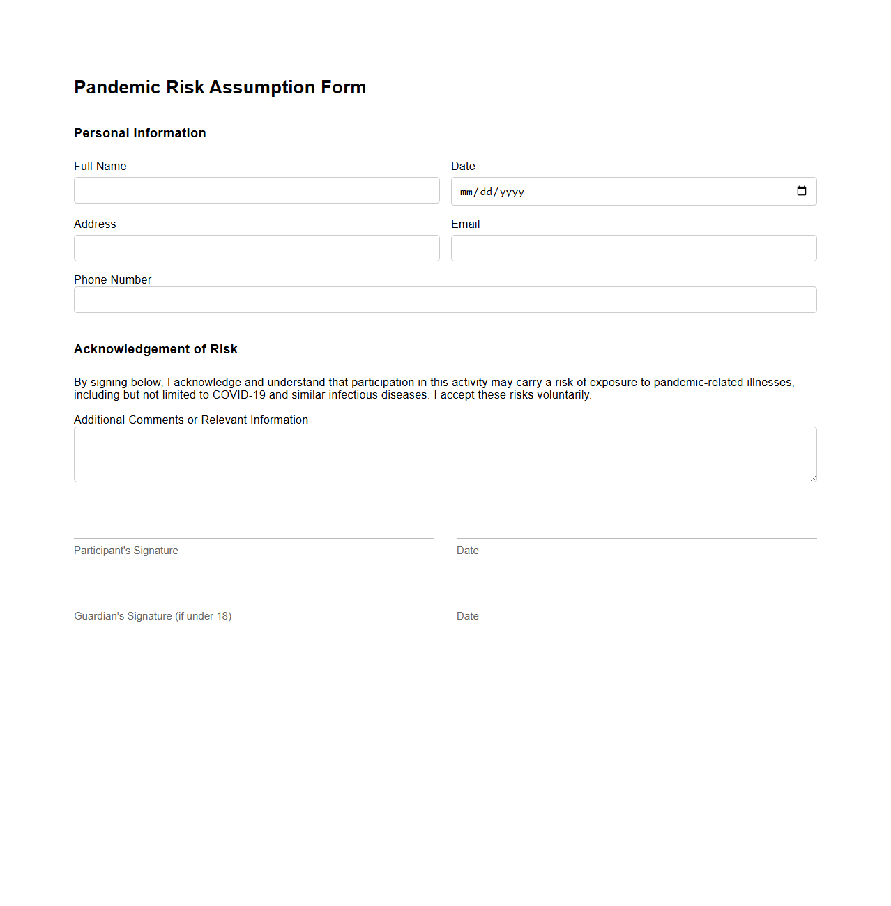 Blank Pandemic Risk Assumption Form