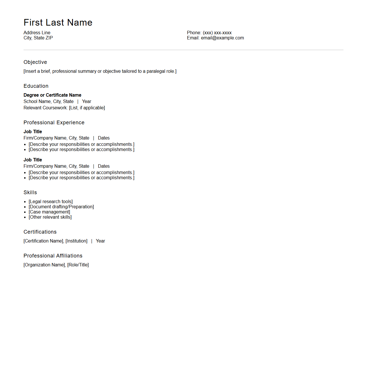 Blank Paralegal Resume Template