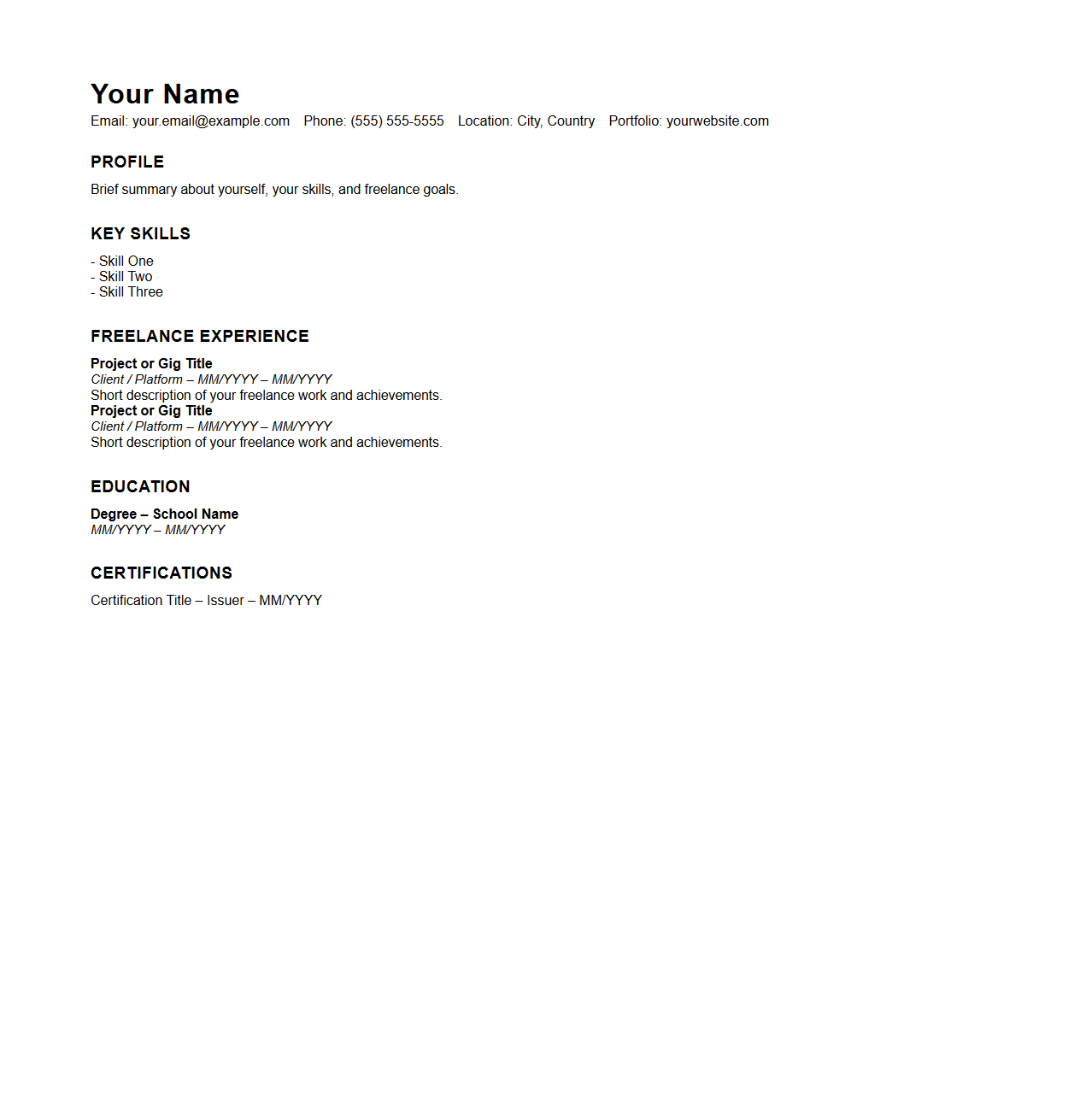 Blank Part-Time Resume Template for Freelance Gigs
