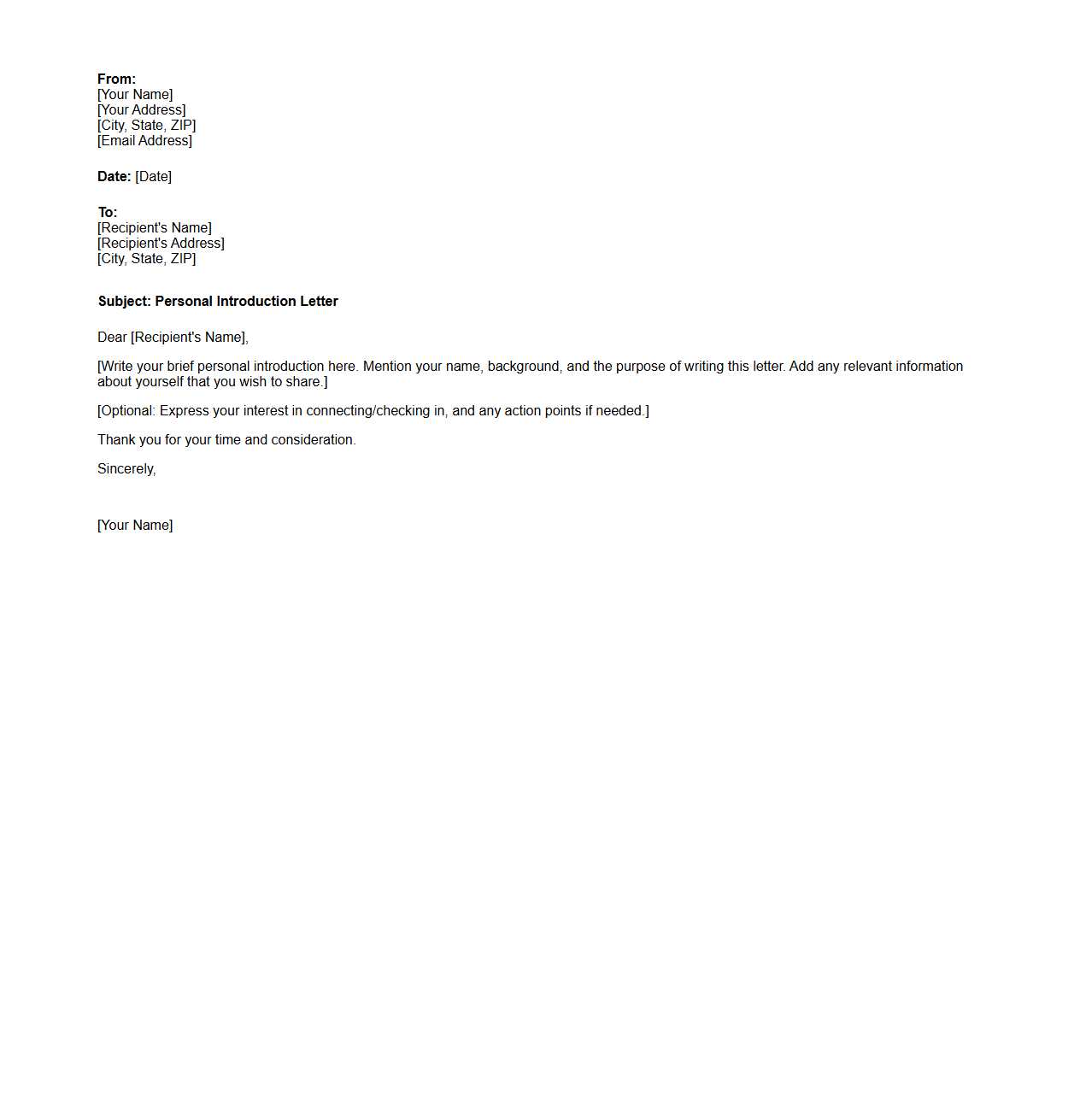 Blank Personal Introduction Letter Template
