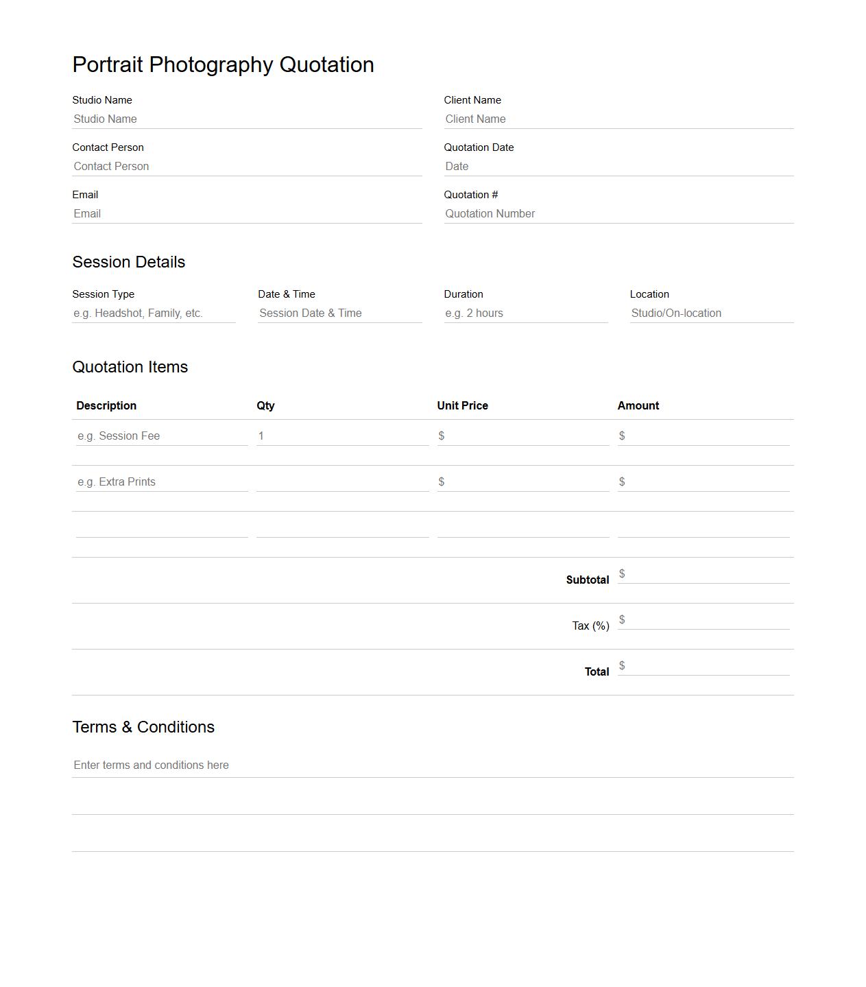 Blank Portrait Photography Quotation Template for Studio Sessions