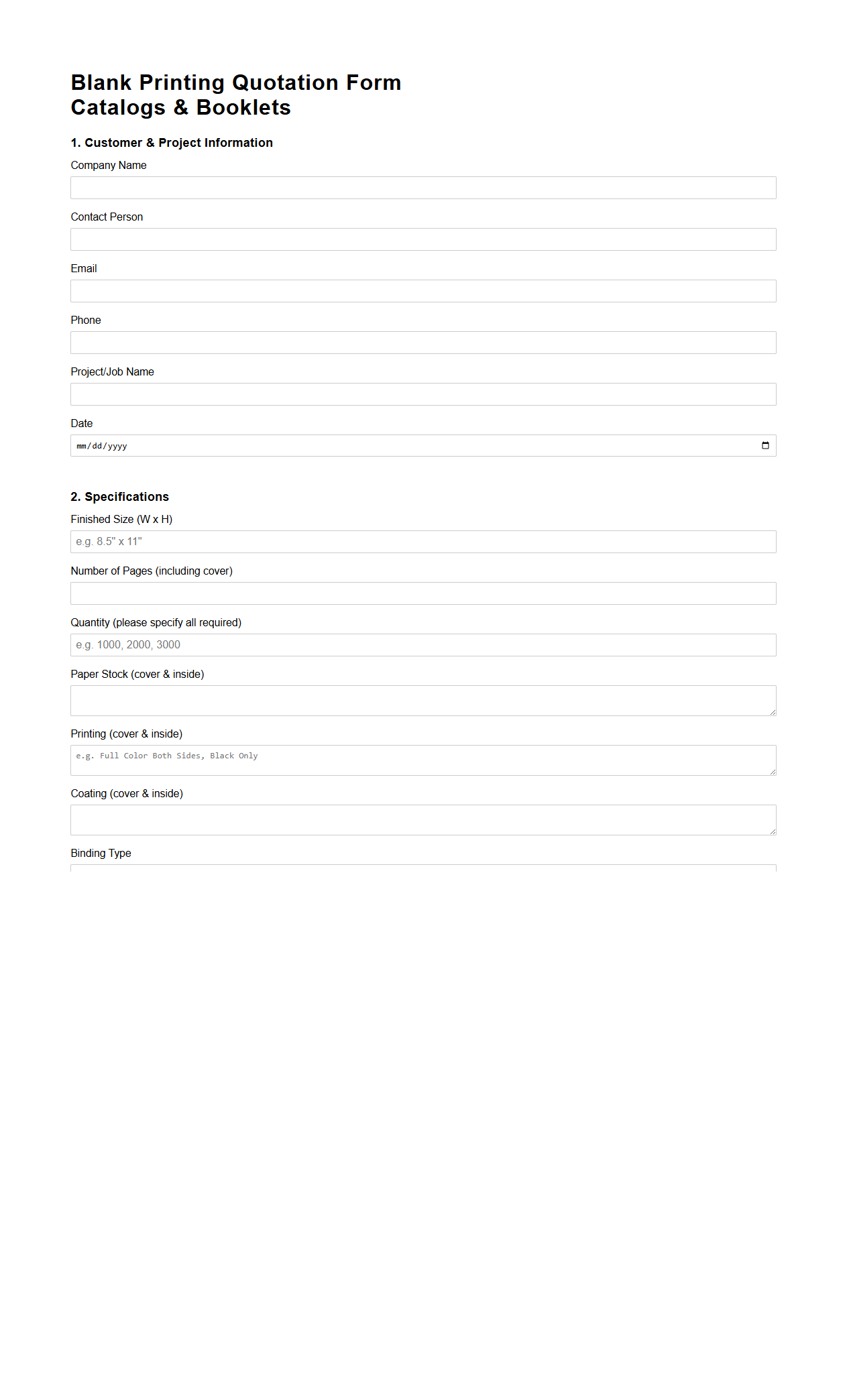 Blank Printing Quotation Form for Catalogs and Booklets