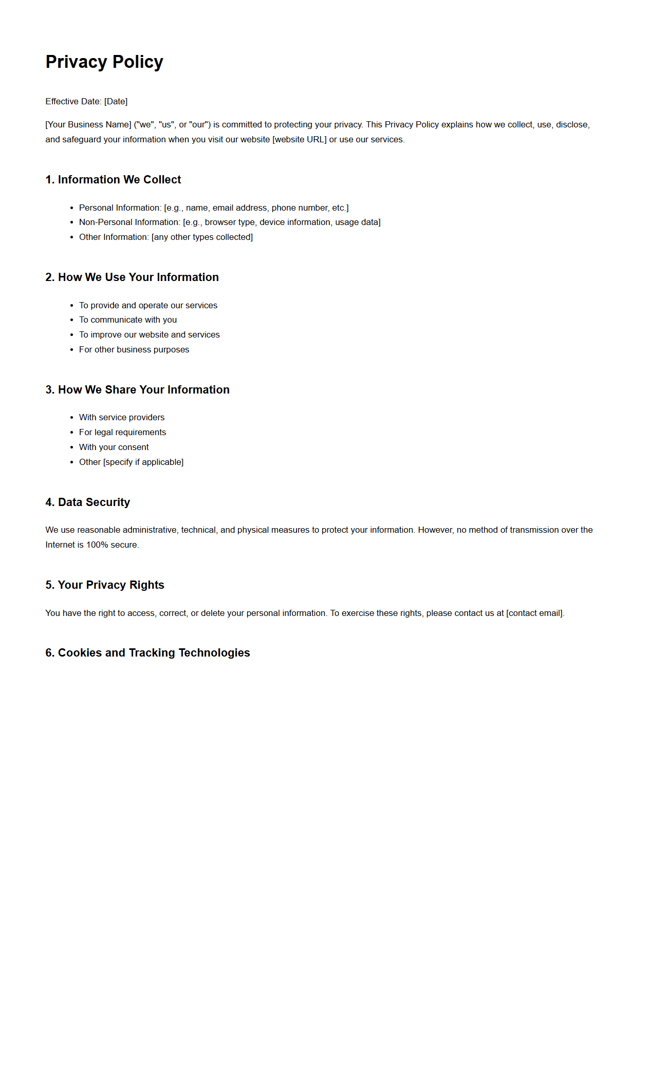 Blank Privacy Policy Template for Small Businesses