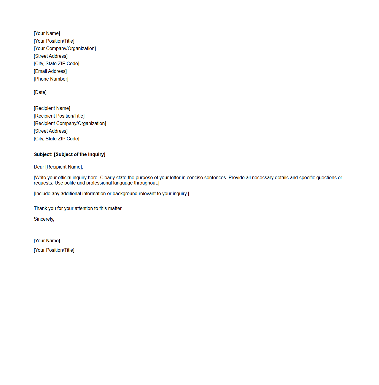 Blank Professional Letter Template for Official Inquiries