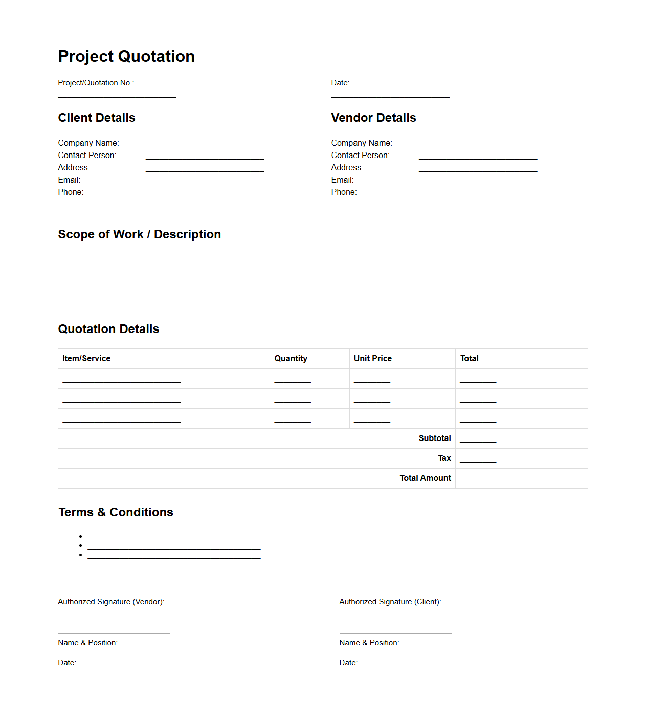 Blank Project Quotation Template for Contracts
