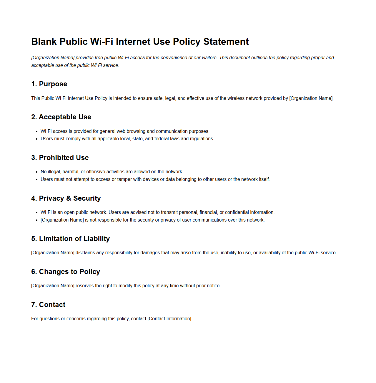 Blank Public Wi-Fi Internet Use Policy Statement