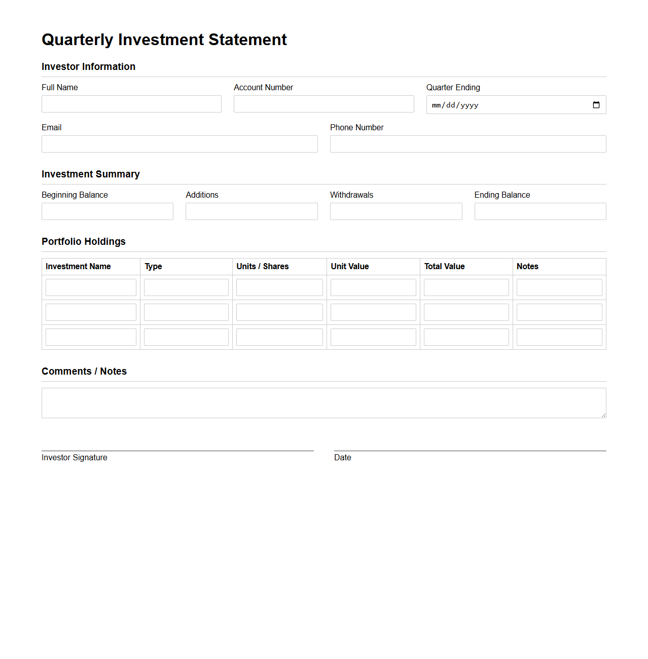 Blank Quarterly Investment Statement Form