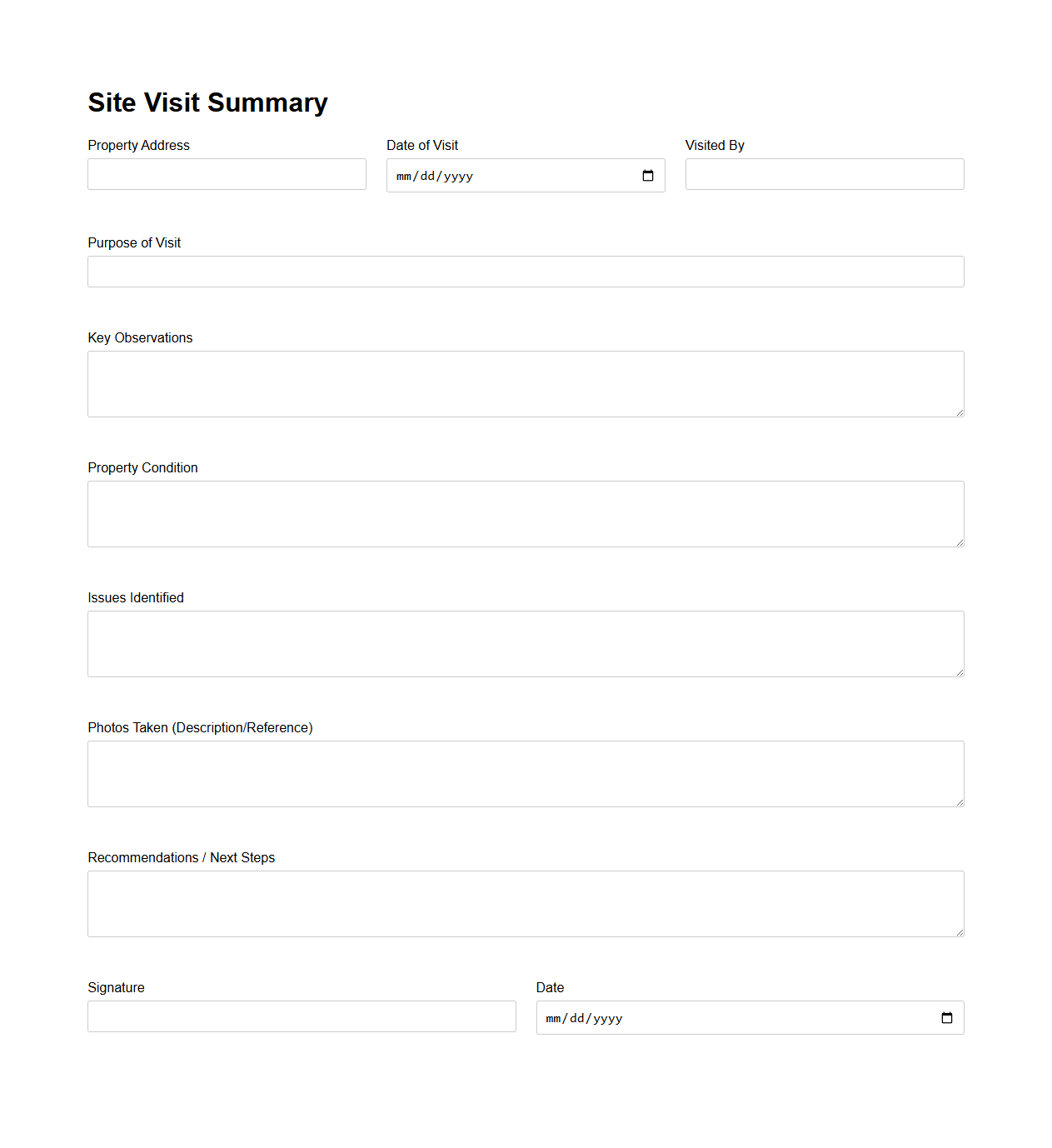 Blank Real Estate Site Visit Summary Template